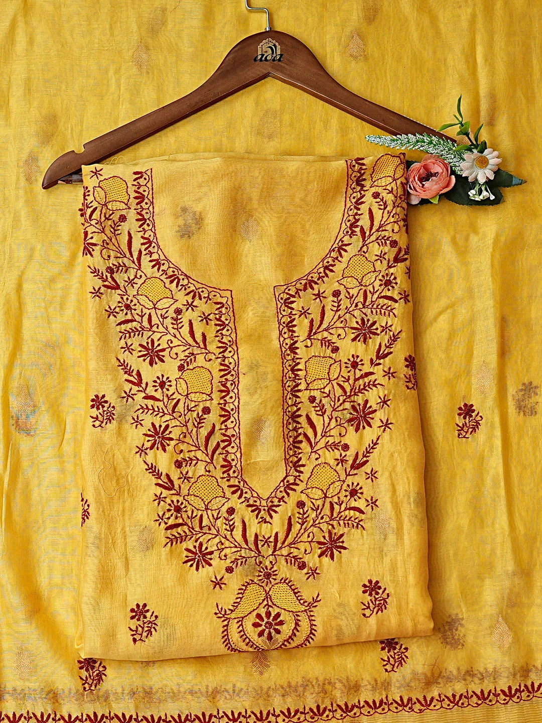 Ada Hand Embroidered Yellow Chanderi Lucknowi Chikankari Unstitched Kurta Dupatta Set 01A904294