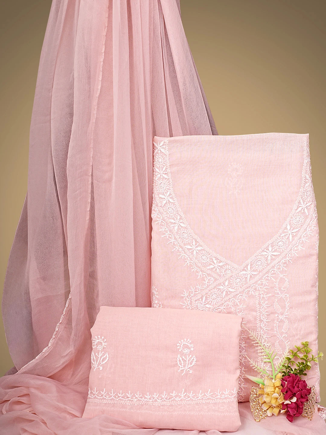 Ada Hand Embroidered Blushing Peach Cotton Lucknowi Chikankari Unstitched Suit Piece 01A773765