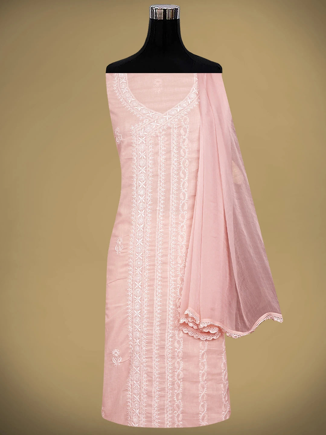 Ada Hand Embroidered Blushing Peach Cotton Lucknowi Chikankari Unstitched Suit Piece 01A773765