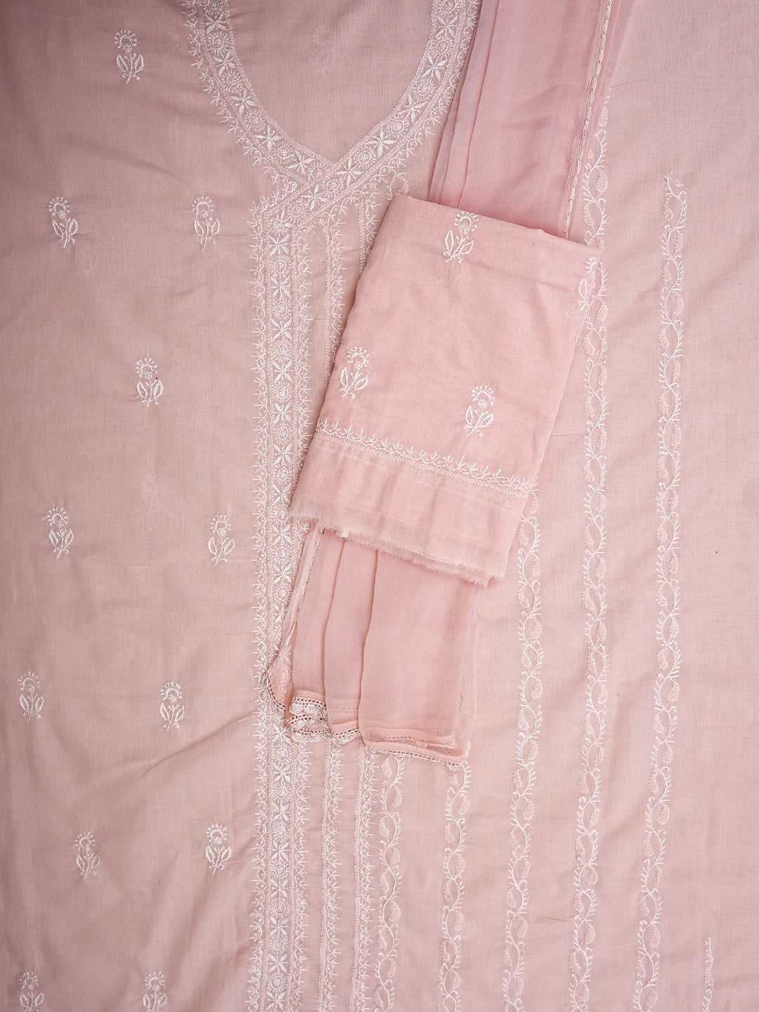 Ada Hand Embroidered Blushing Peach Cotton Lucknowi Chikankari Unstitched Suit Piece 01A773765