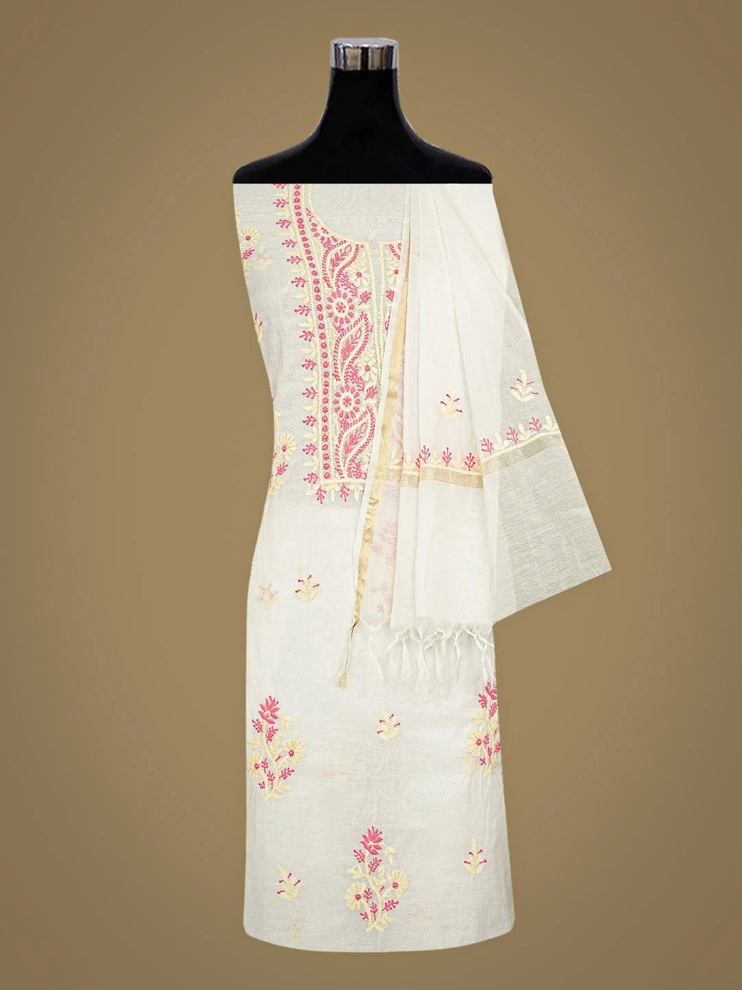 Ada Hand Embroidered White Chanderi Lucknowi Chikankari Unstitched Kurta Dupatta Set 01A936392