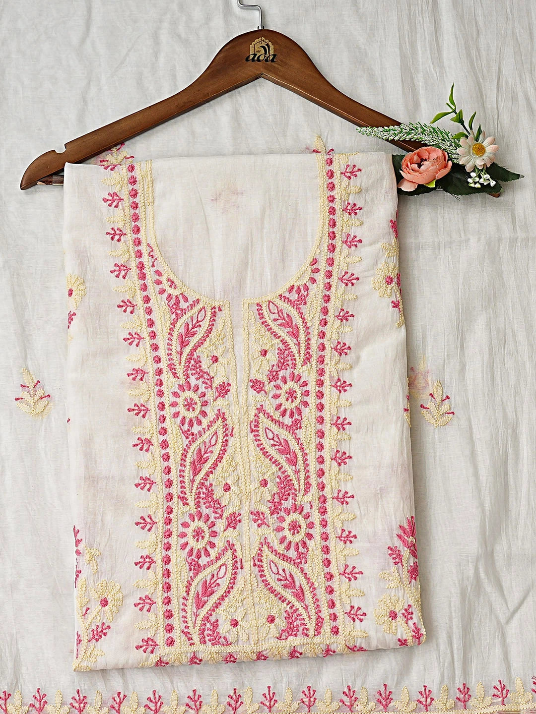 Ada Hand Embroidered White Chanderi Lucknowi Chikankari Unstitched Kurta Dupatta Set 01A936392