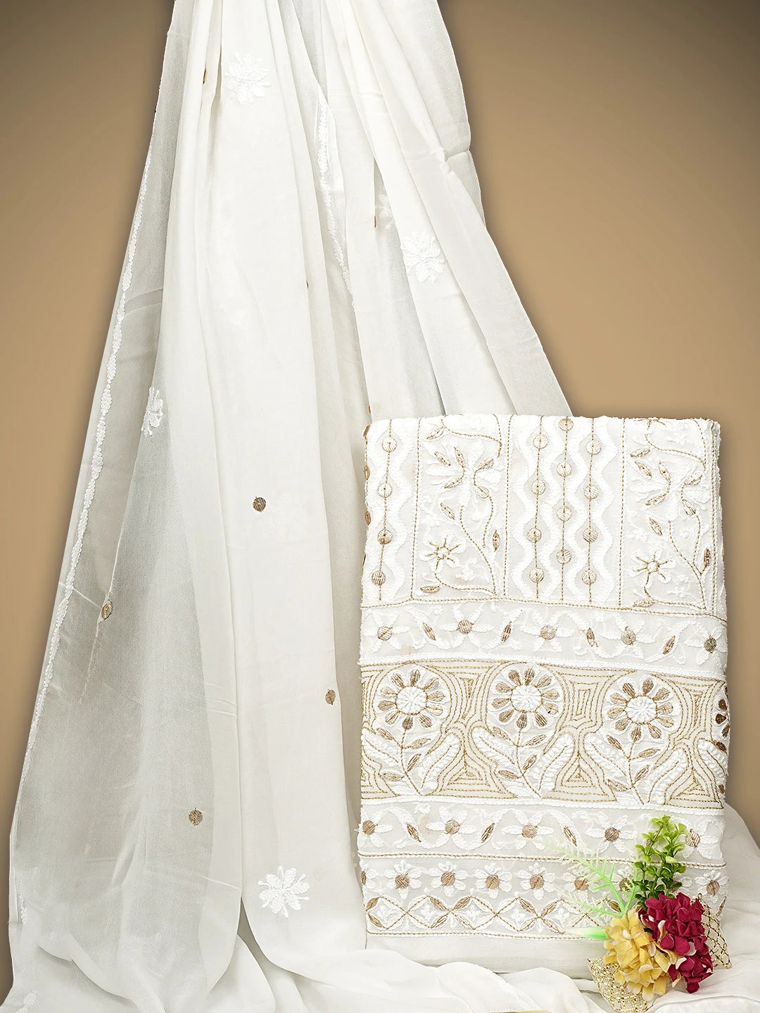 Ada Hand Embroidered White Viscose Georgette Lucknowi Chikankari Unstitched Kurta Dupatta Set With Zari Work 01A893429