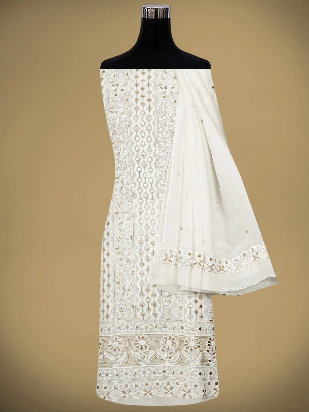 Ada Hand Embroidered White Viscose Georgette Lucknowi Chikankari Unstitched Kurta Dupatta Set With Zari Work 01A893429