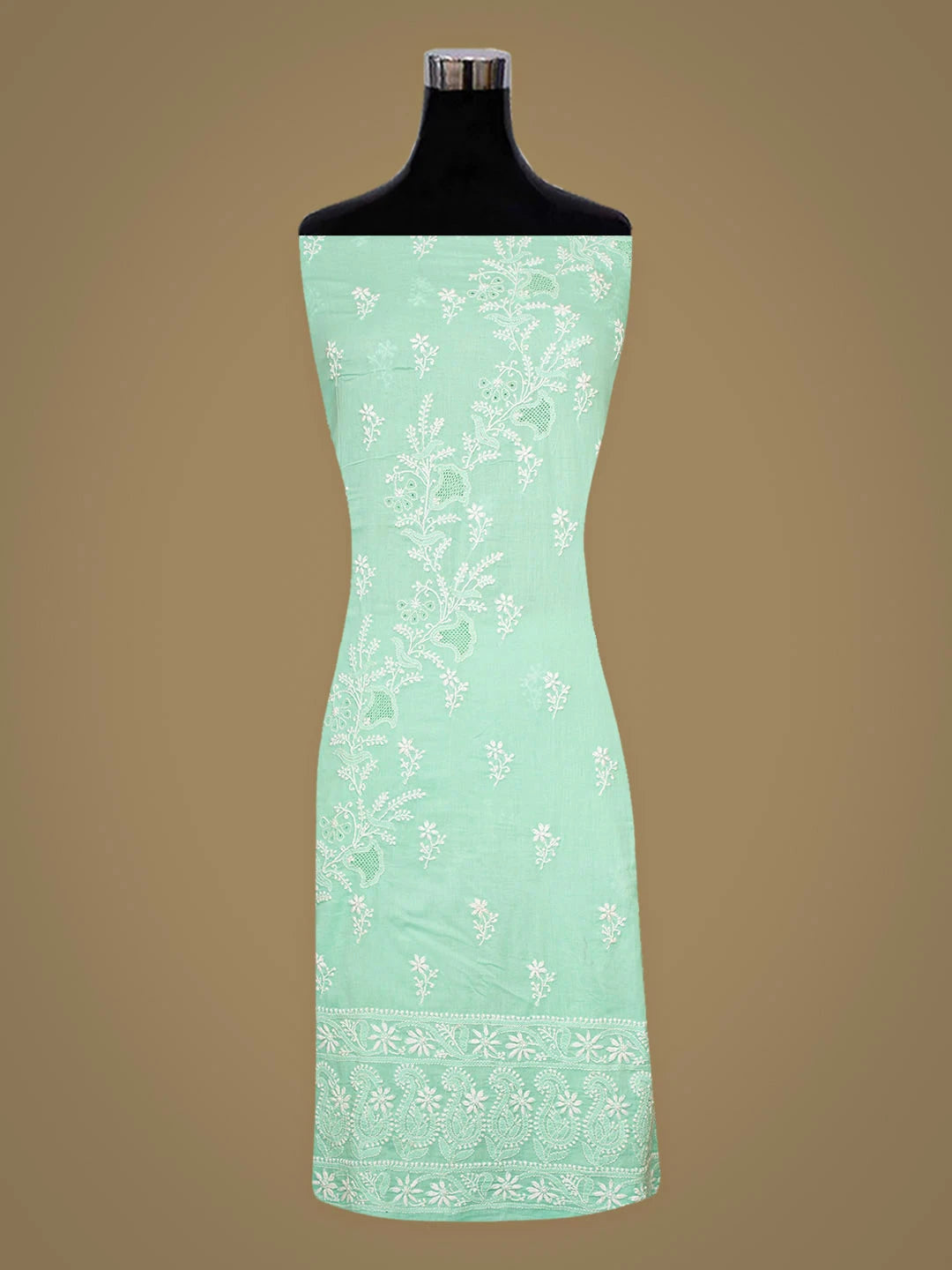 Ada Hand Embroidered Sea Green Cotton Lucknowi Chikankari Unstitched Kurta Dupatta Set 01A642071