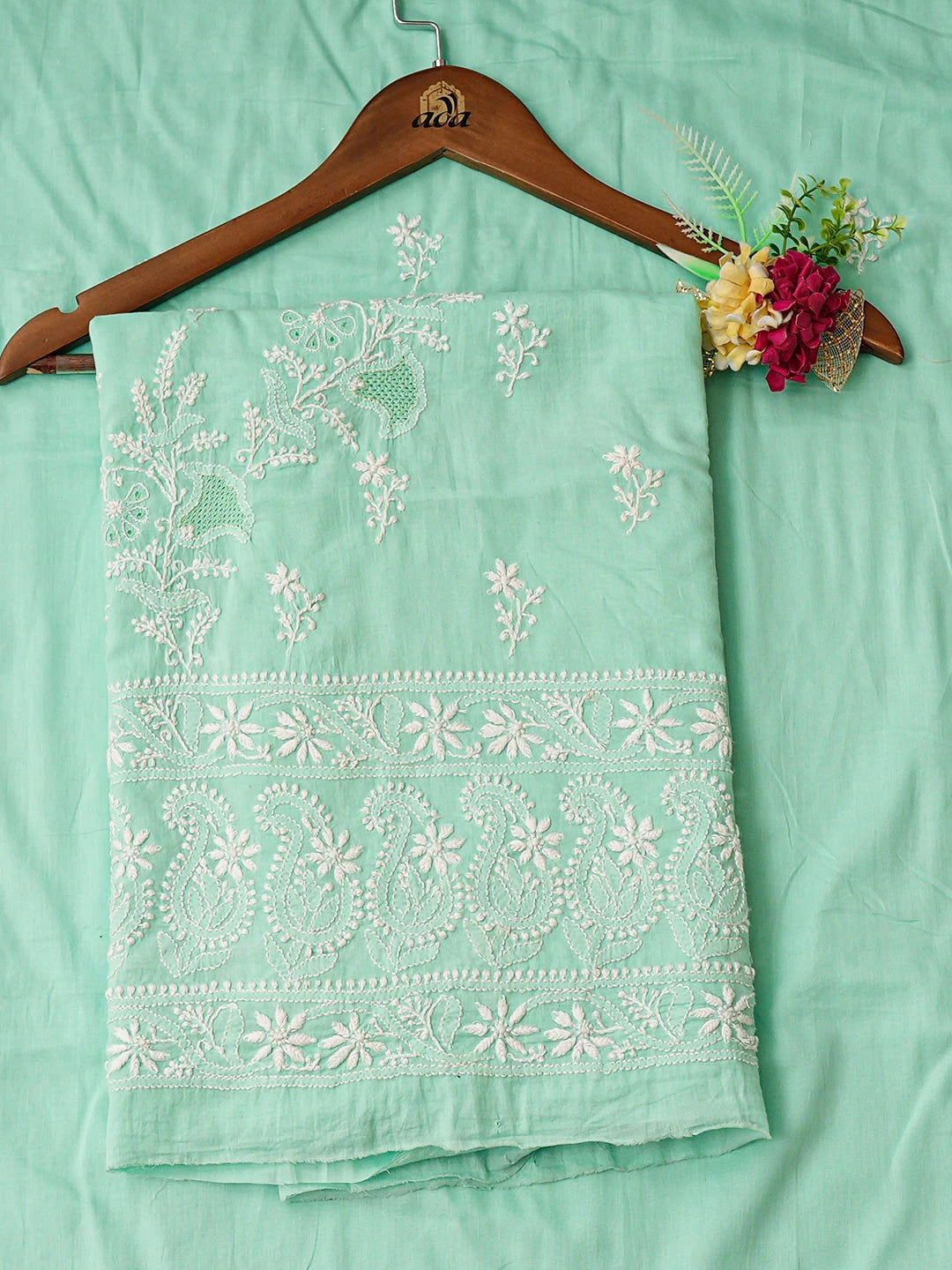 Ada Hand Embroidered Sea Green Cotton Lucknowi Chikankari Unstitched Kurta Dupatta Set 01A642071