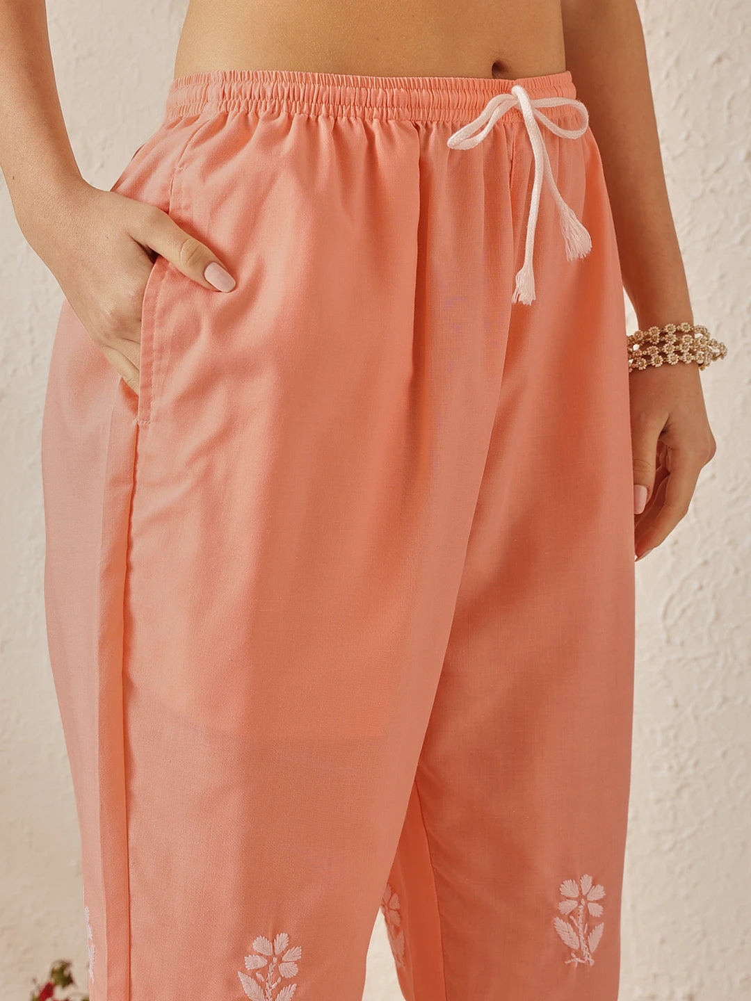 Ada Hand Embroidered Peach  Cotton Lucknowi Chikankari Kurta Set A811374