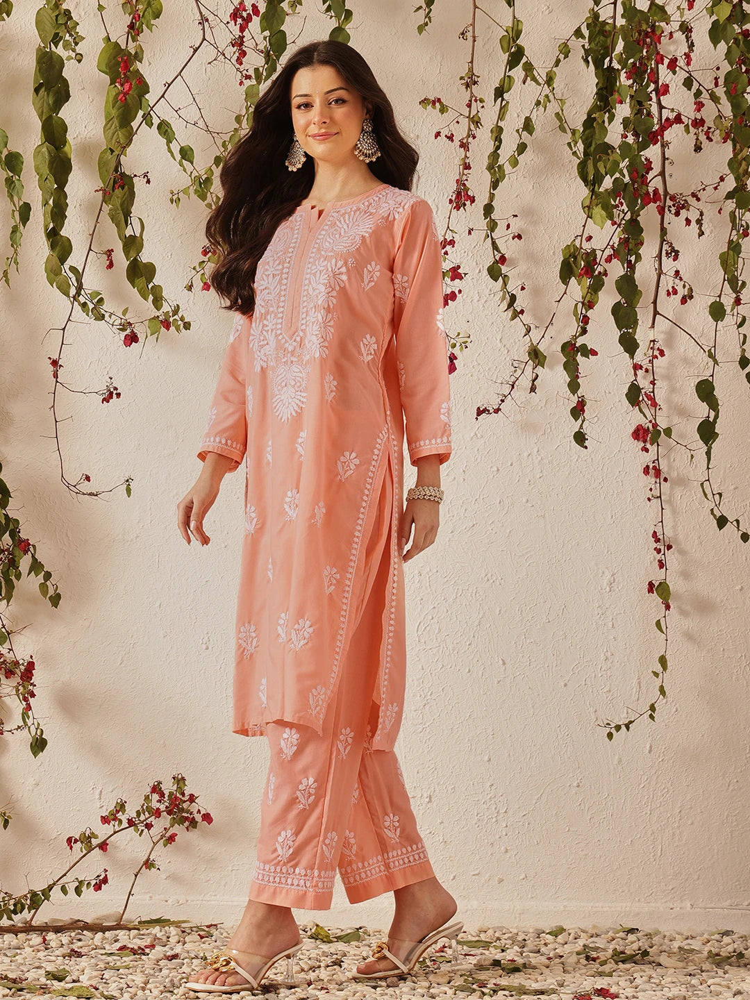 Ada Hand Embroidered Peach  Cotton Lucknowi Chikankari Kurta Set A811374