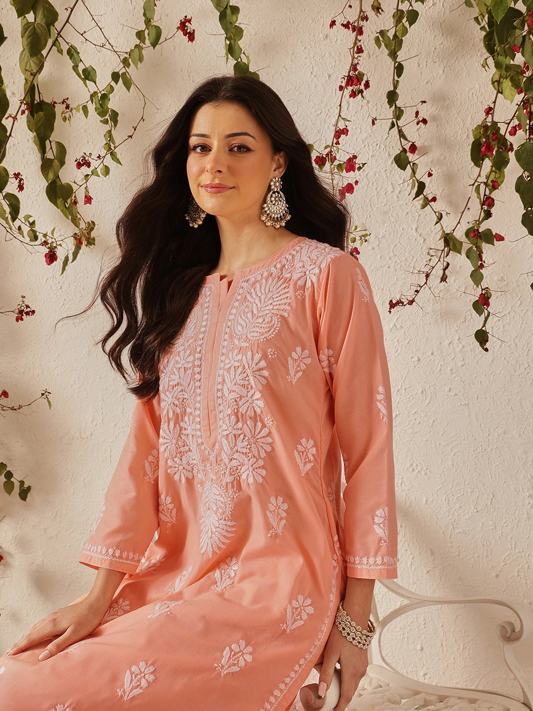 Ada Hand Embroidered Peach  Cotton Lucknowi Chikankari Kurta Set A811374