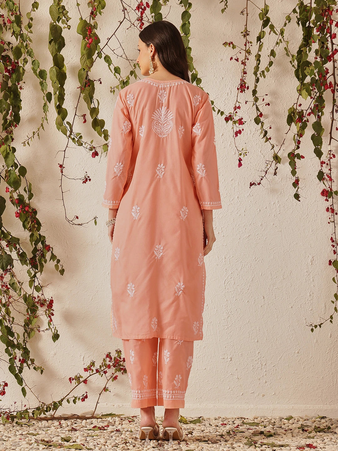 Ada Hand Embroidered Peach  Cotton Lucknowi Chikankari Kurta Set A811374