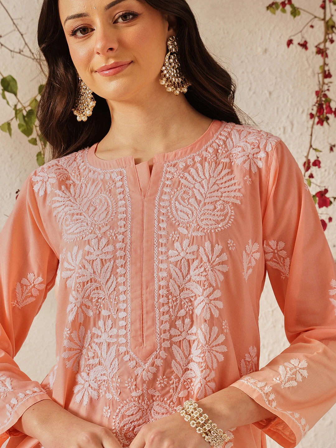 Ada Hand Embroidered Peach  Cotton Lucknowi Chikankari Kurta Set A811374