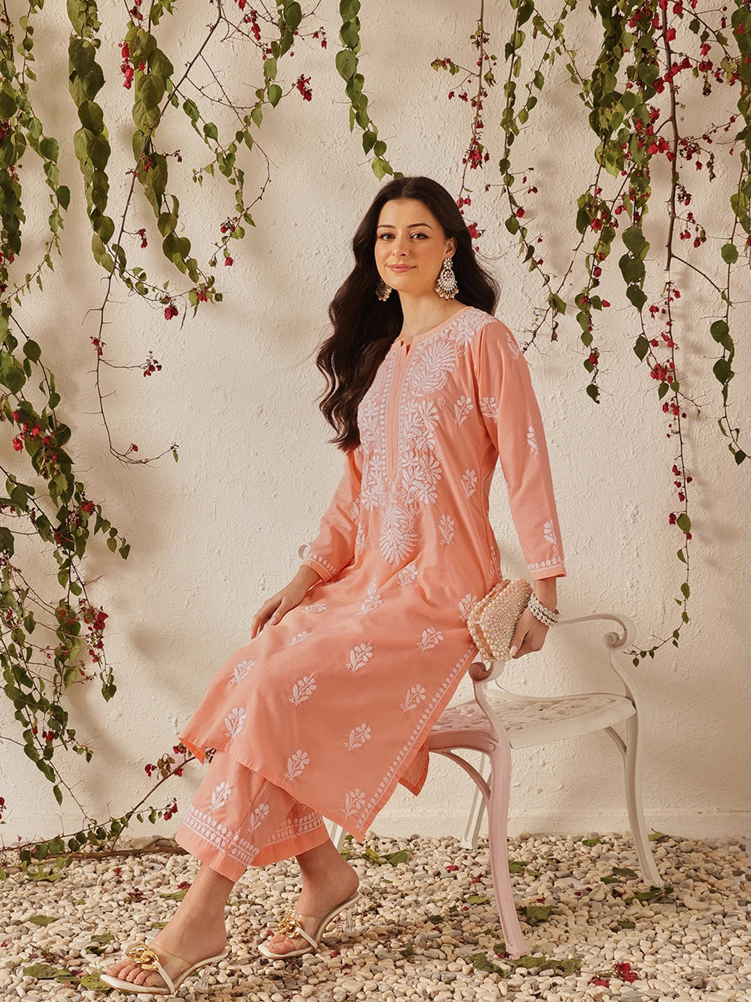 Ada Hand Embroidered Peach  Cotton Lucknowi Chikankari Kurta Set A811374