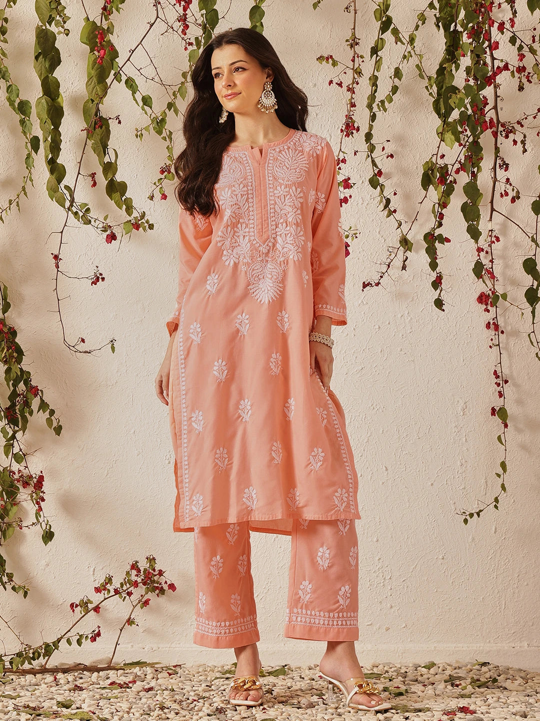 Ada Hand Embroidered Peach  Cotton Lucknowi Chikankari Kurta Set A811374