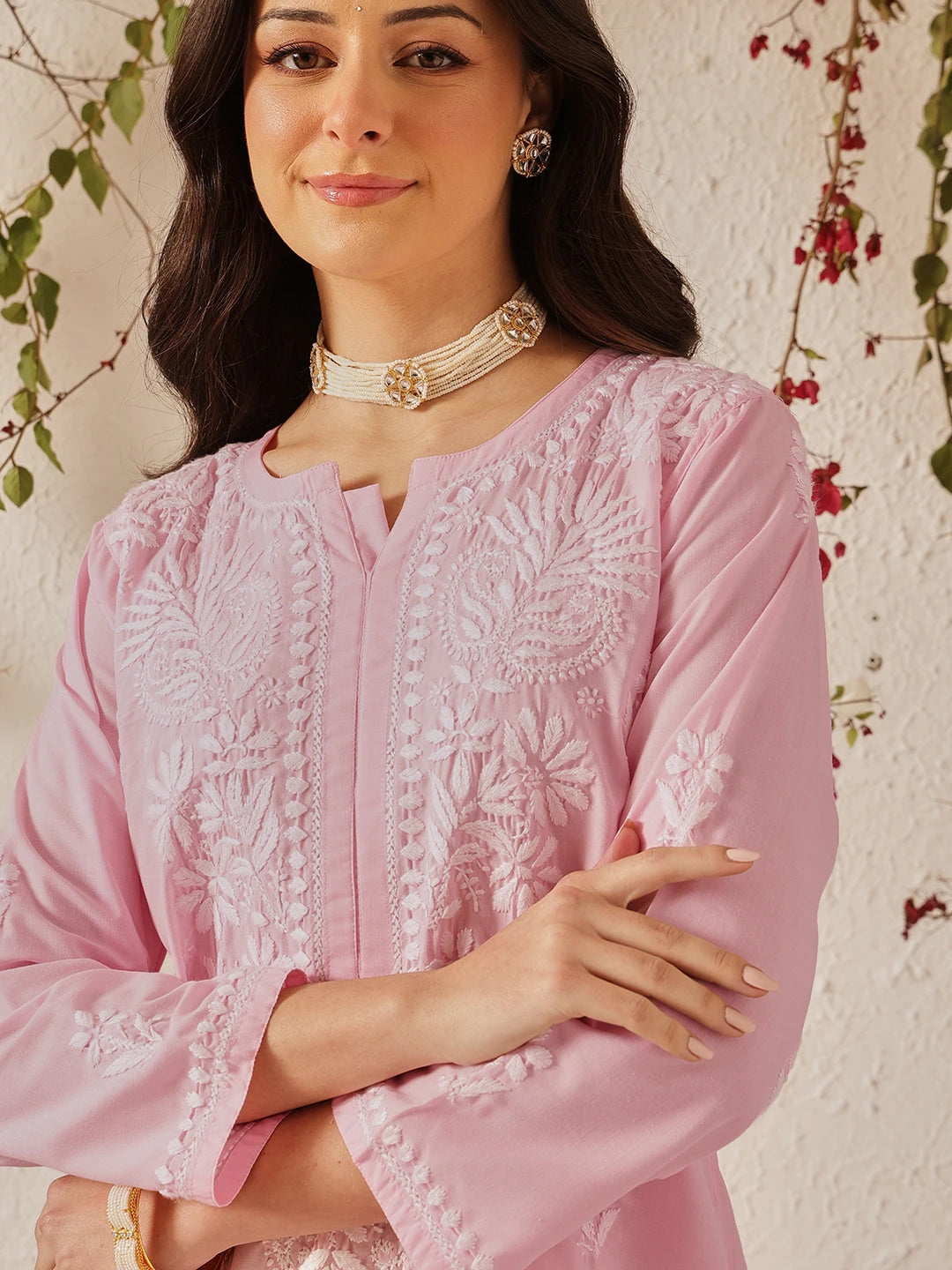 Ada Hand Embroidered Pink Cotton Lucknowi Chikankari Kurta Set A811371