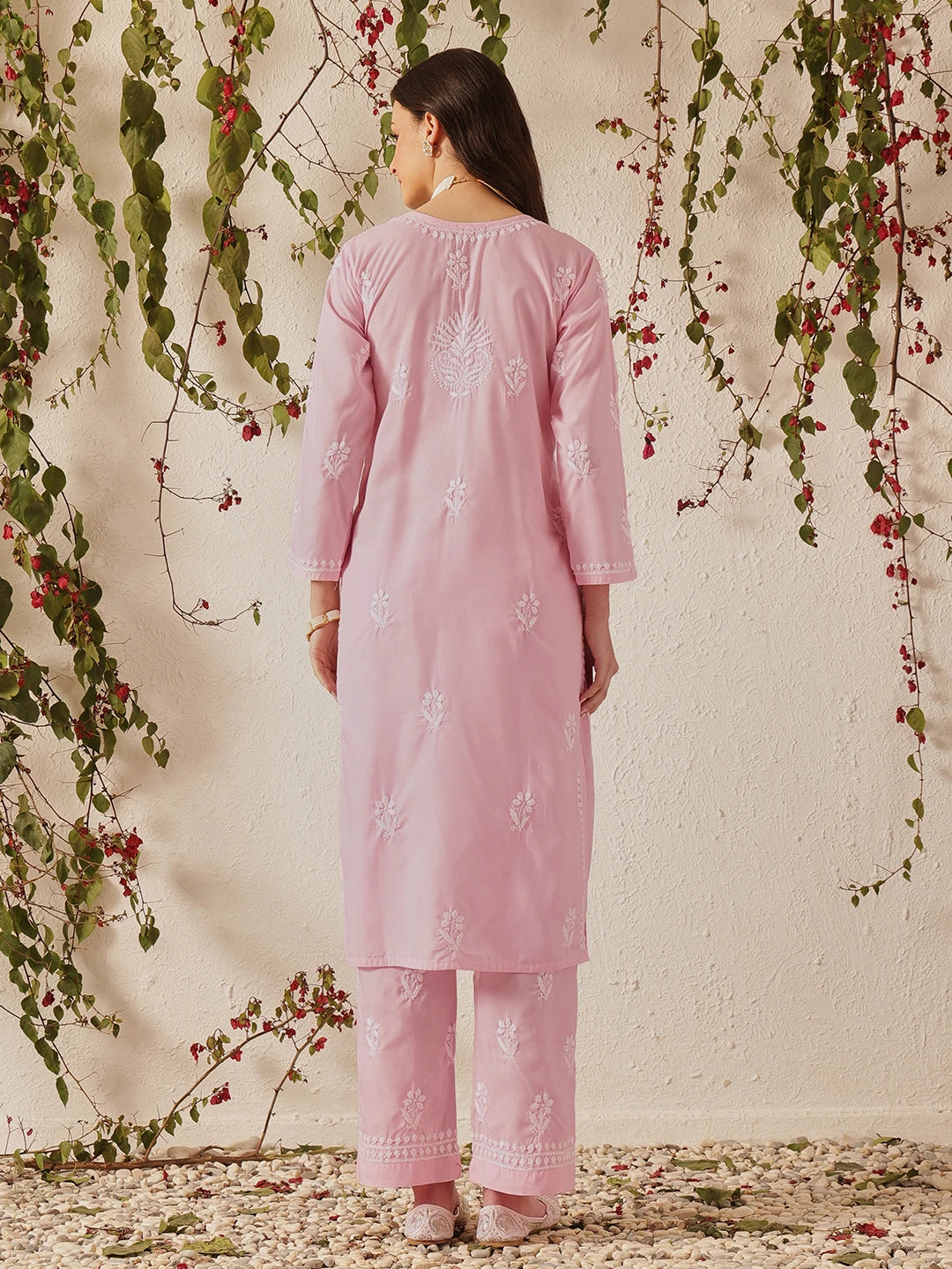 Ada Hand Embroidered Pink Cotton Lucknowi Chikankari Kurta Set A811371