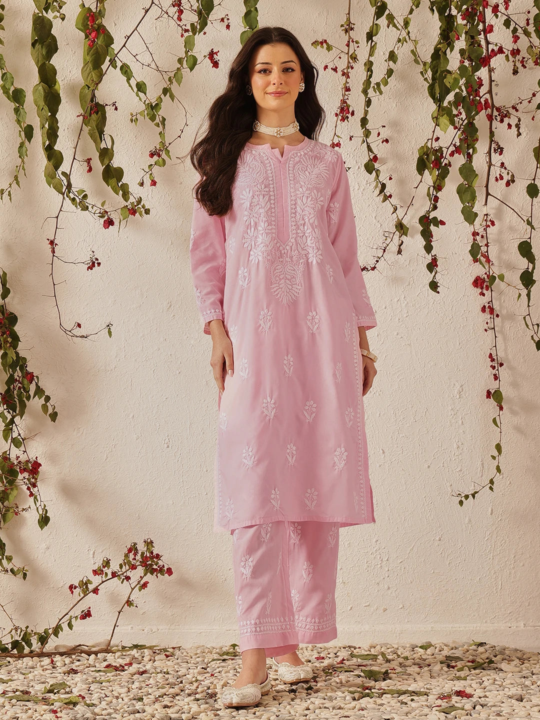Ada Hand Embroidered Pink Cotton Lucknowi Chikankari Kurta Set A811371