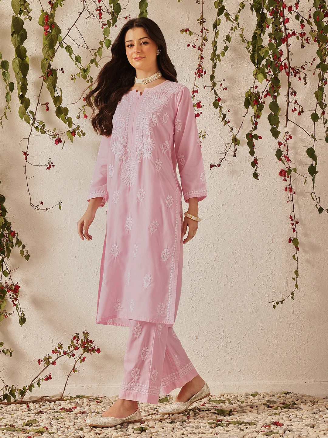 Ada Hand Embroidered Pink Cotton Lucknowi Chikankari Kurta Set A811371
