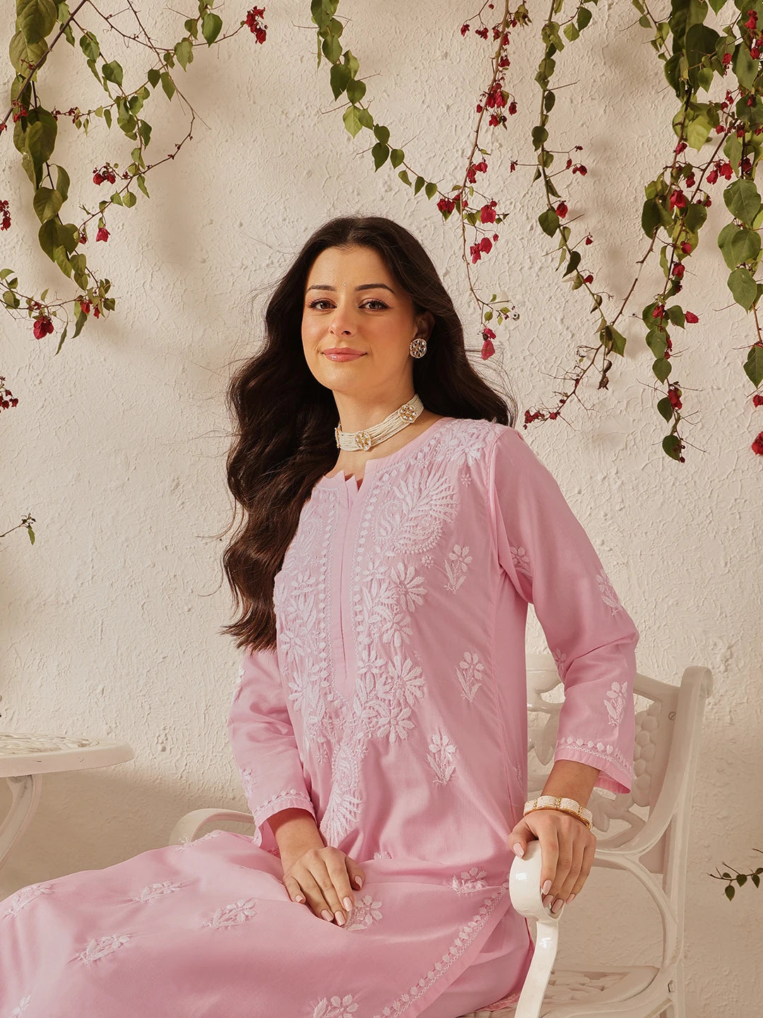 Ada Hand Embroidered Pink Cotton Lucknowi Chikankari Kurta Set A811371