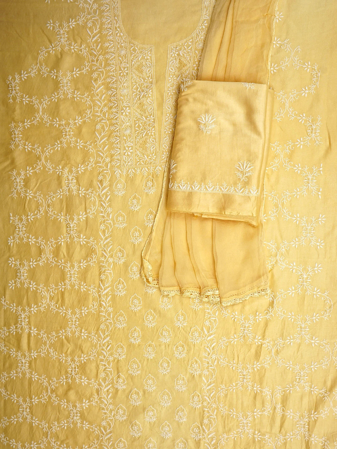 Ada Hand Embroidered Yellow Chanderi Lucknowi Chikankari Unstitched Suit Piece 01A805723