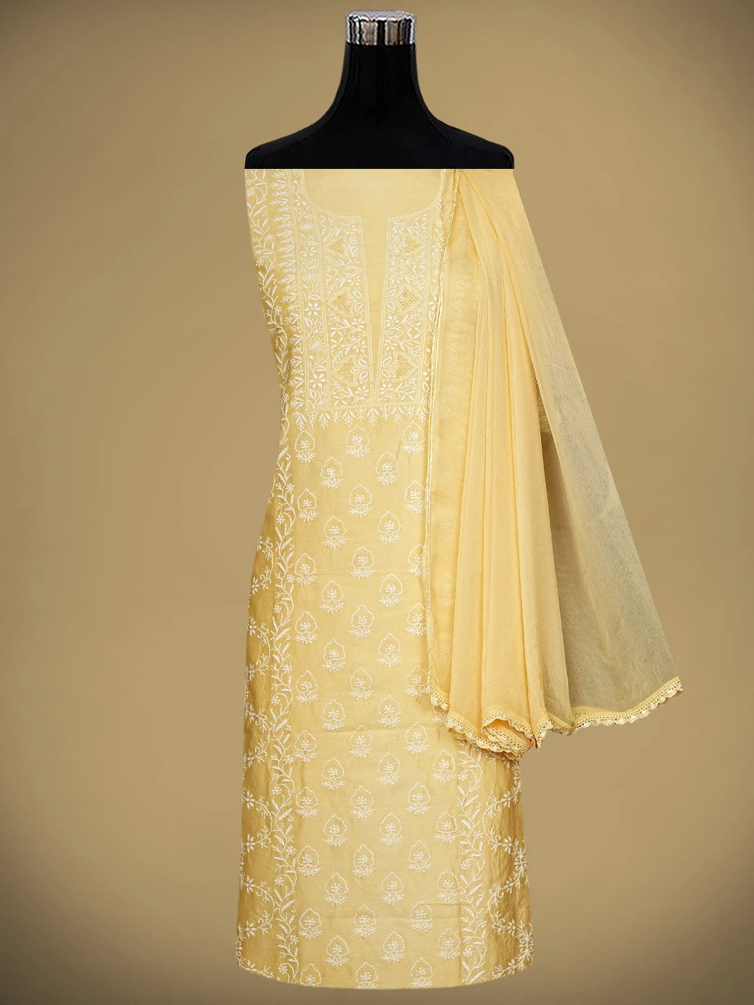Ada Hand Embroidered Yellow Chanderi Lucknowi Chikankari Unstitched Suit Piece 01A805723