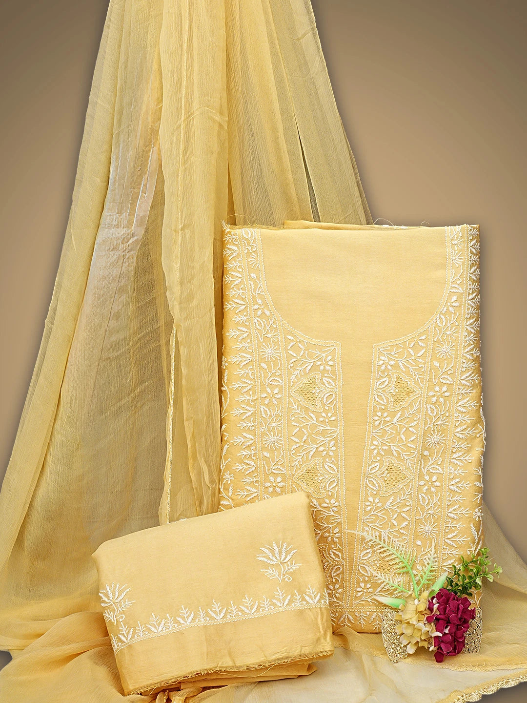 Ada Hand Embroidered Yellow Chanderi Lucknowi Chikankari Unstitched Suit Piece 01A805723