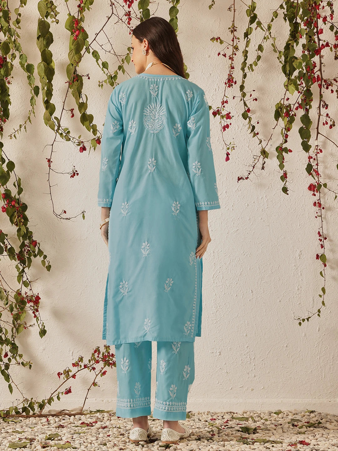 Ada Hand Embroidered Blue Cotton Lucknowi Chikankari Kurta Set A811372
