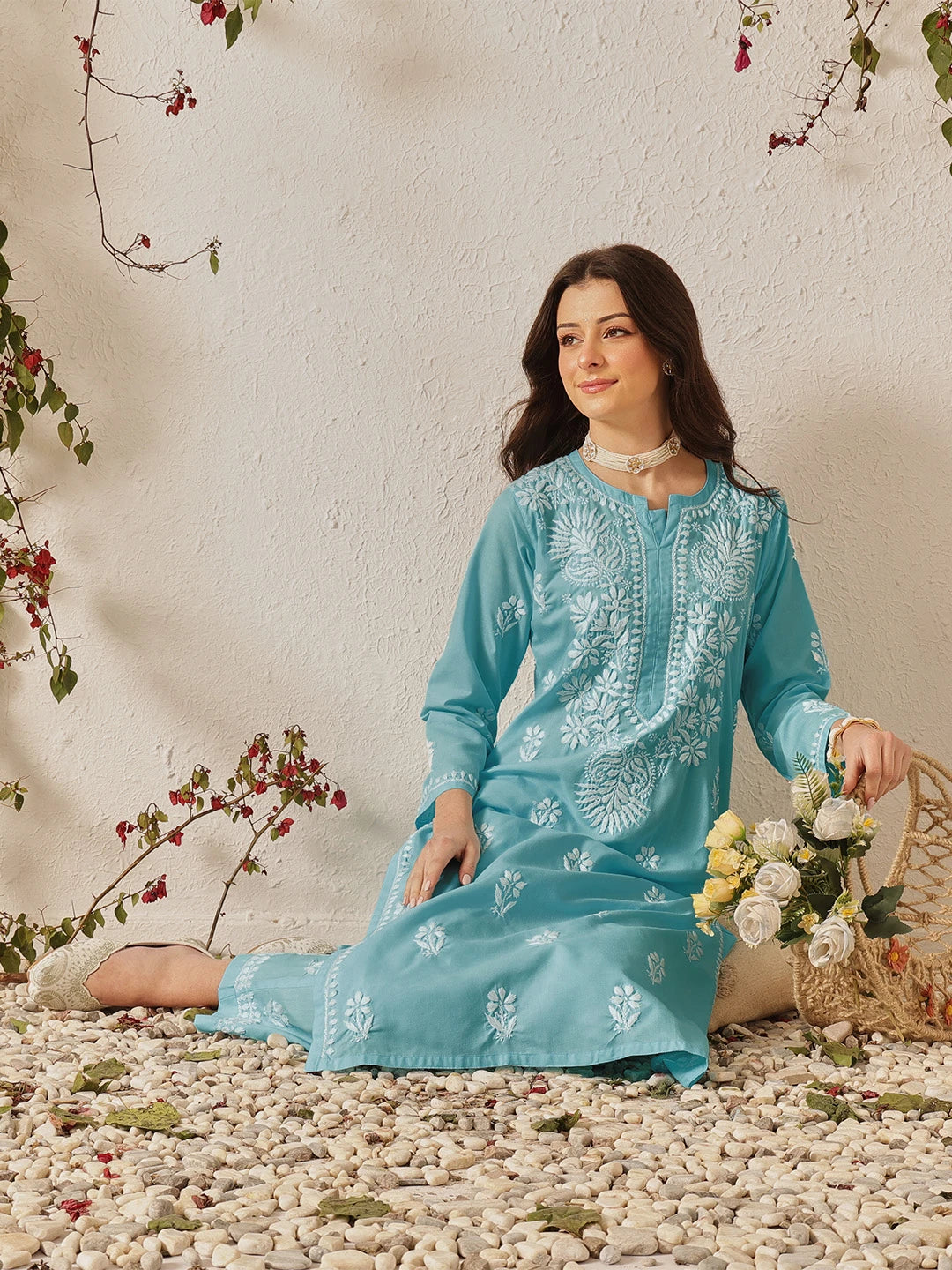 Ada Hand Embroidered Blue Cotton Lucknowi Chikankari Kurta Set A811372