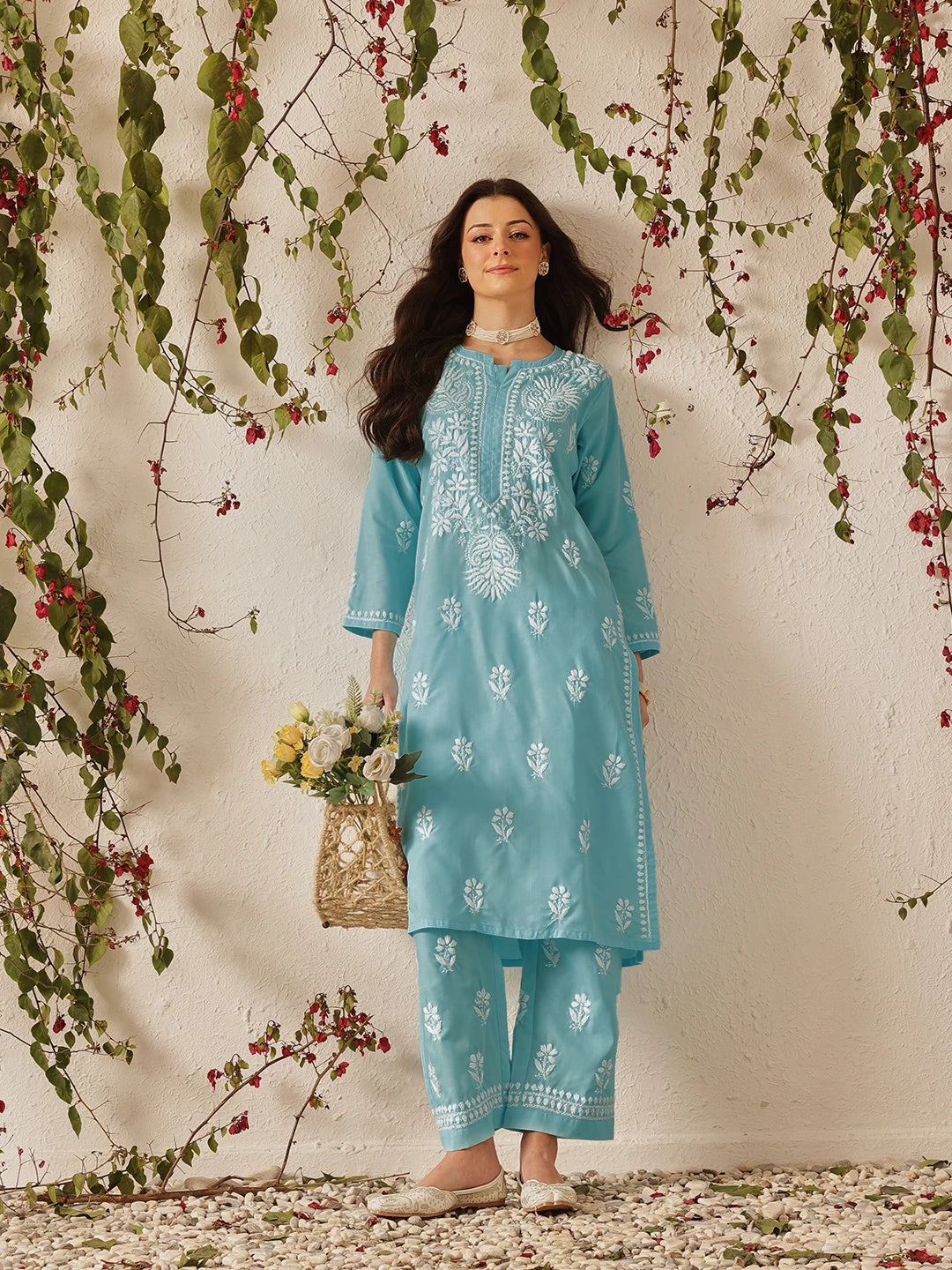 Ada Hand Embroidered Blue Cotton Lucknowi Chikankari Kurta Set A811372