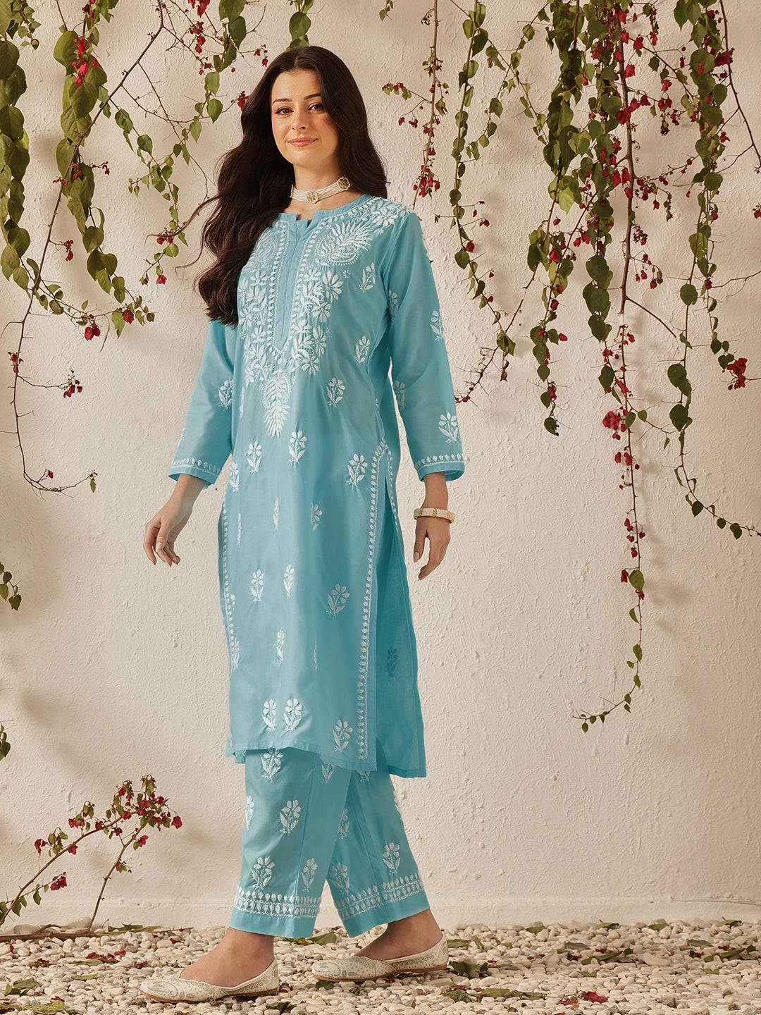 Ada Hand Embroidered Blue Cotton Lucknowi Chikankari Kurta Set A811372