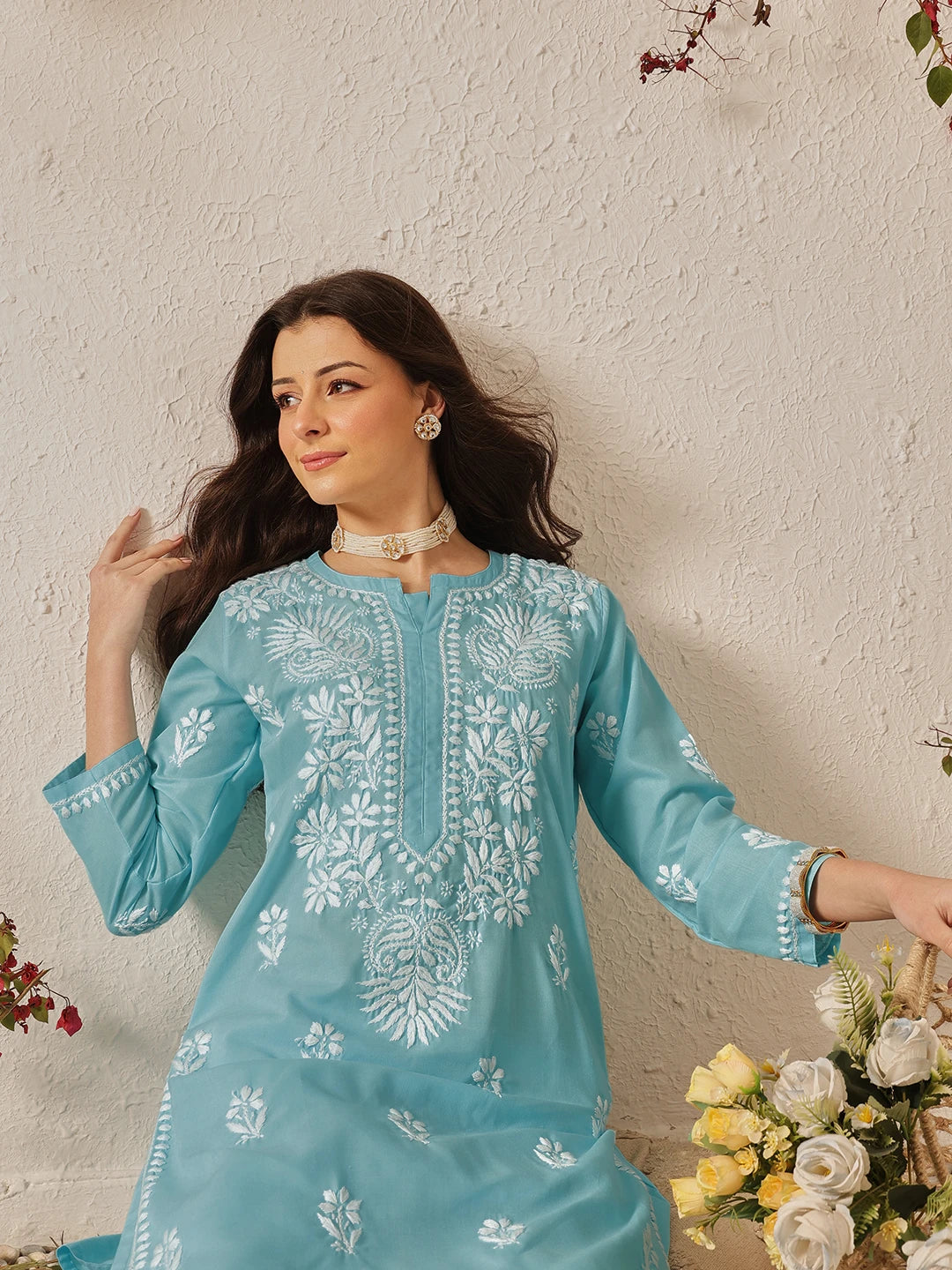 Ada Hand Embroidered Blue Cotton Lucknowi Chikankari Kurta Set A811372