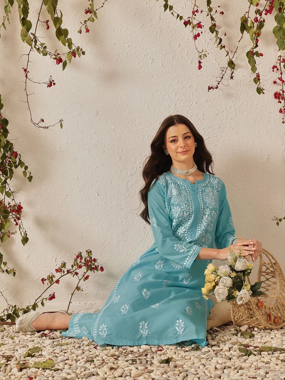 Ada Hand Embroidered Blue Cotton Lucknowi Chikankari Kurta Set A811372