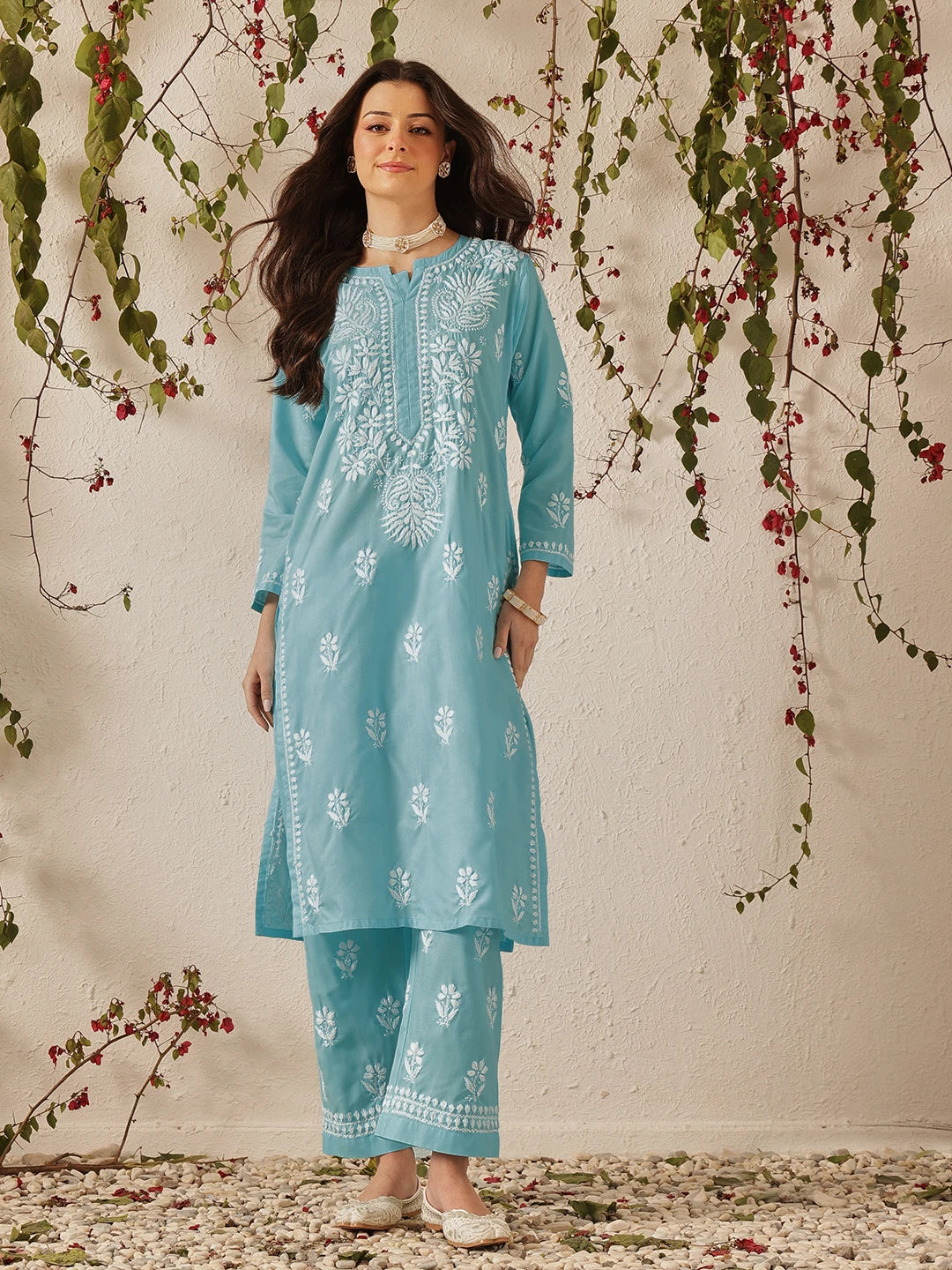 Ada Hand Embroidered Blue Cotton Lucknowi Chikankari Kurta Set A811372