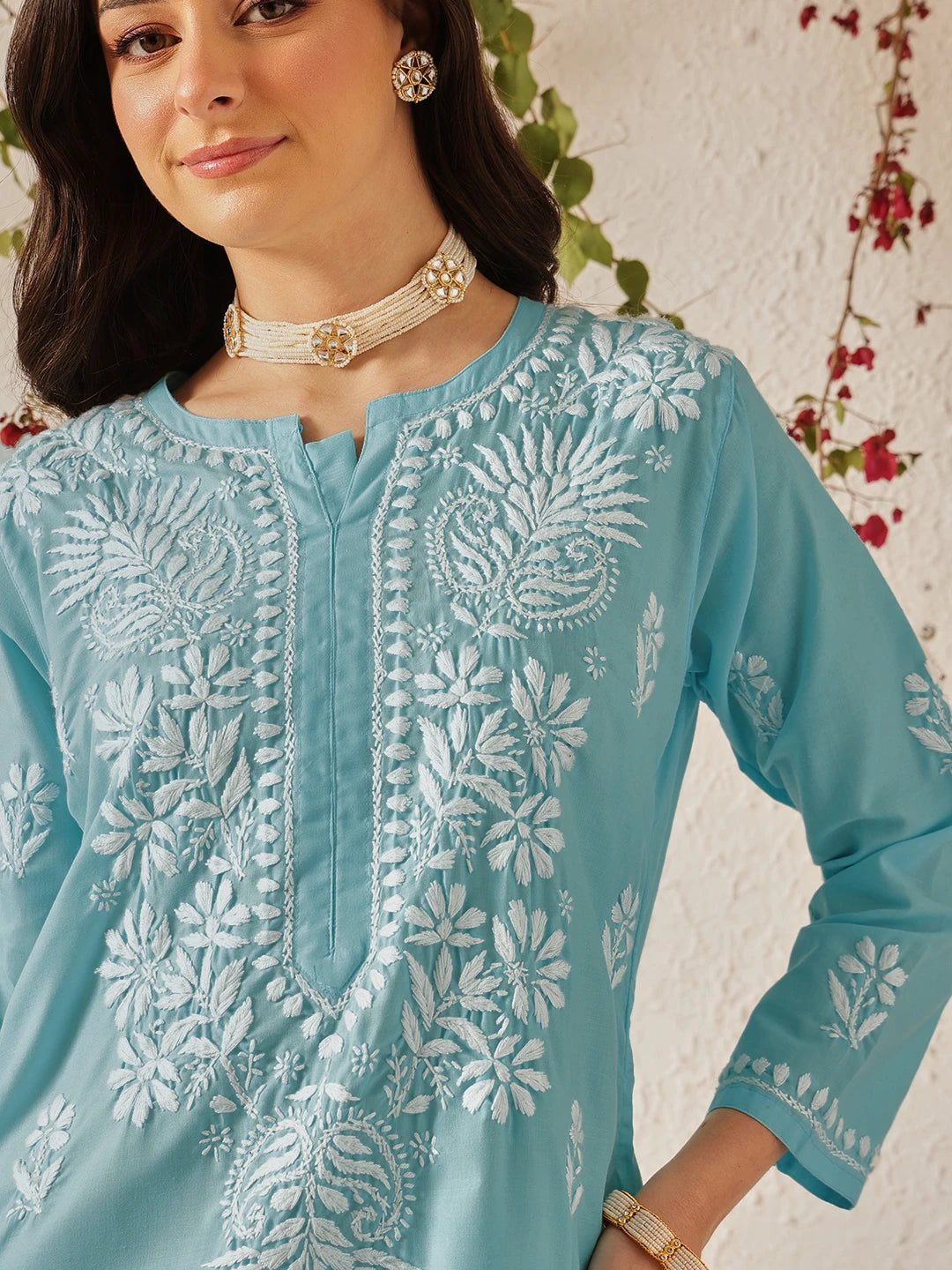Ada Hand Embroidered Blue Cotton Lucknowi Chikankari Kurta Set A811372