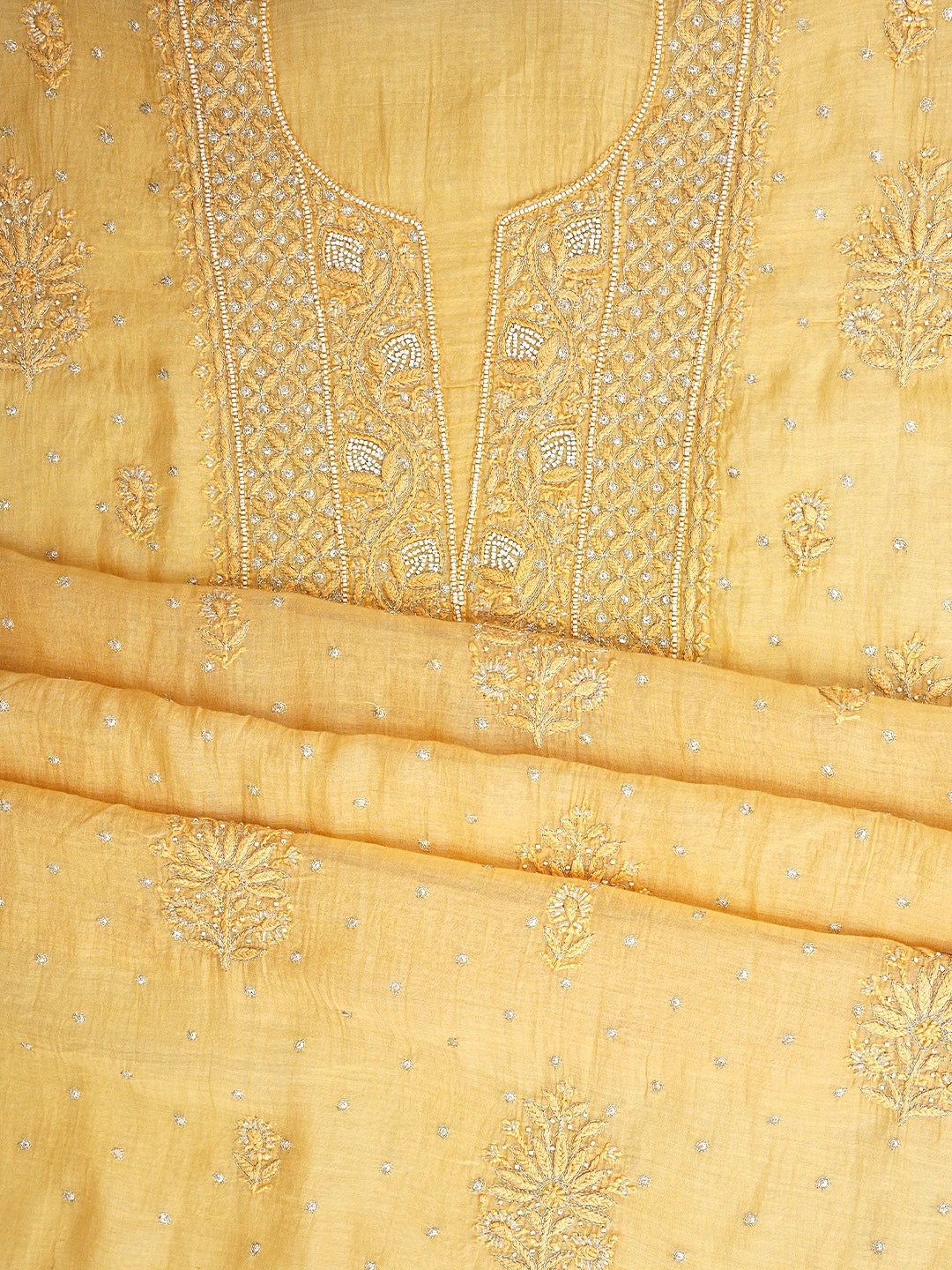 Ada Hand Embroidered Sunlit Clay  Brown Chanderi Lucknowi Chikankari Unstitched Kurta Dupatta Set With Zari Work 01A762758