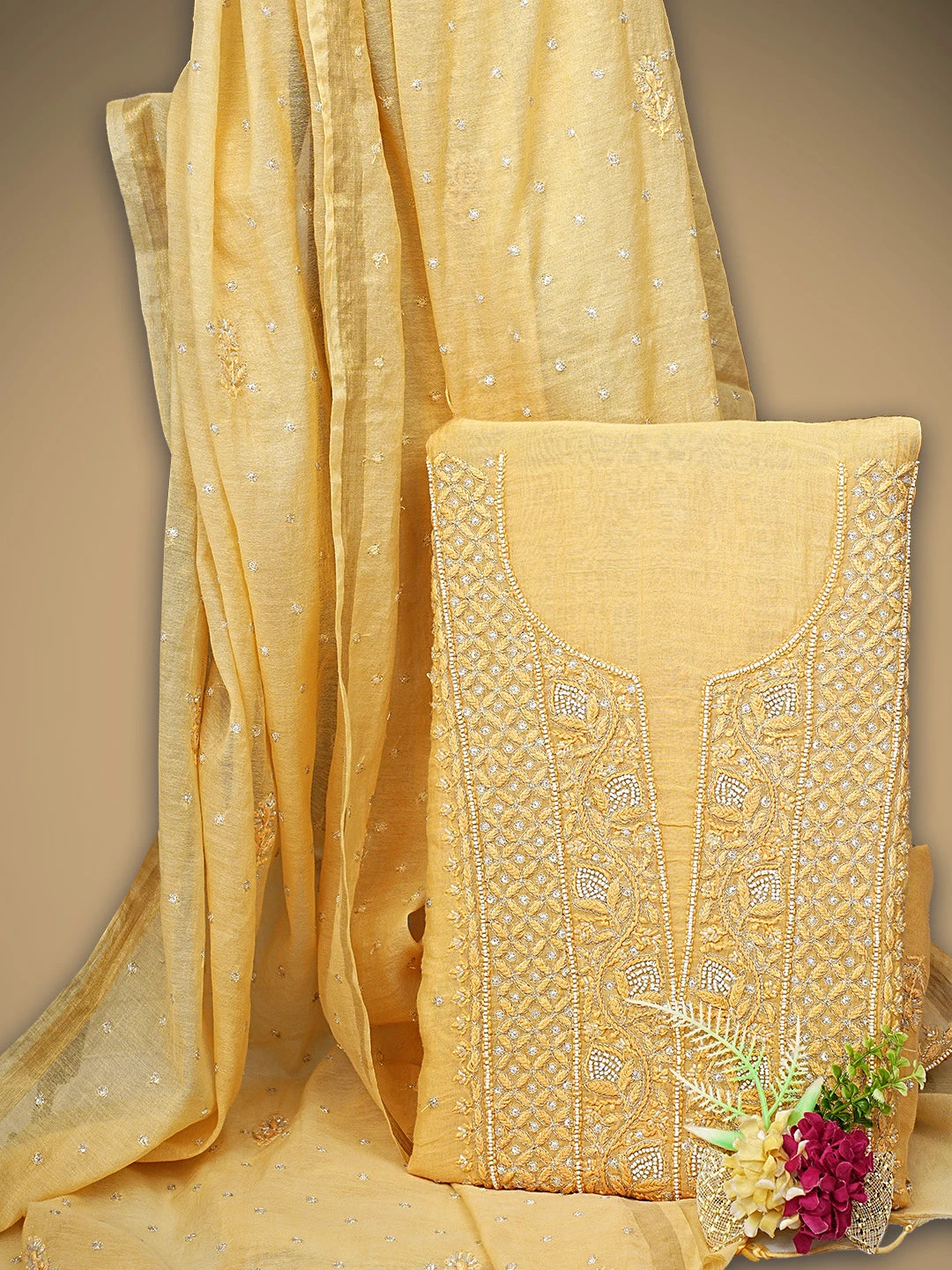 Ada Hand Embroidered Sunlit Clay  Brown Chanderi Lucknowi Chikankari Unstitched Kurta Dupatta Set With Zari Work 01A762758