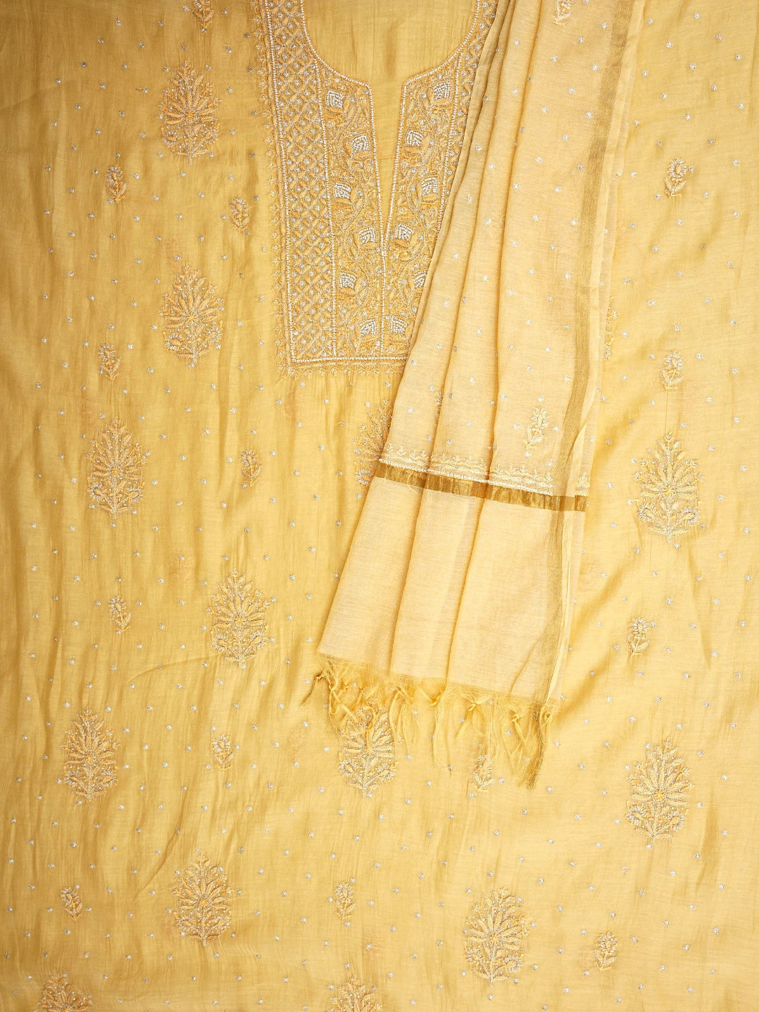 Ada Hand Embroidered Sunlit Clay  Brown Chanderi Lucknowi Chikankari Unstitched Kurta Dupatta Set With Zari Work 01A762758