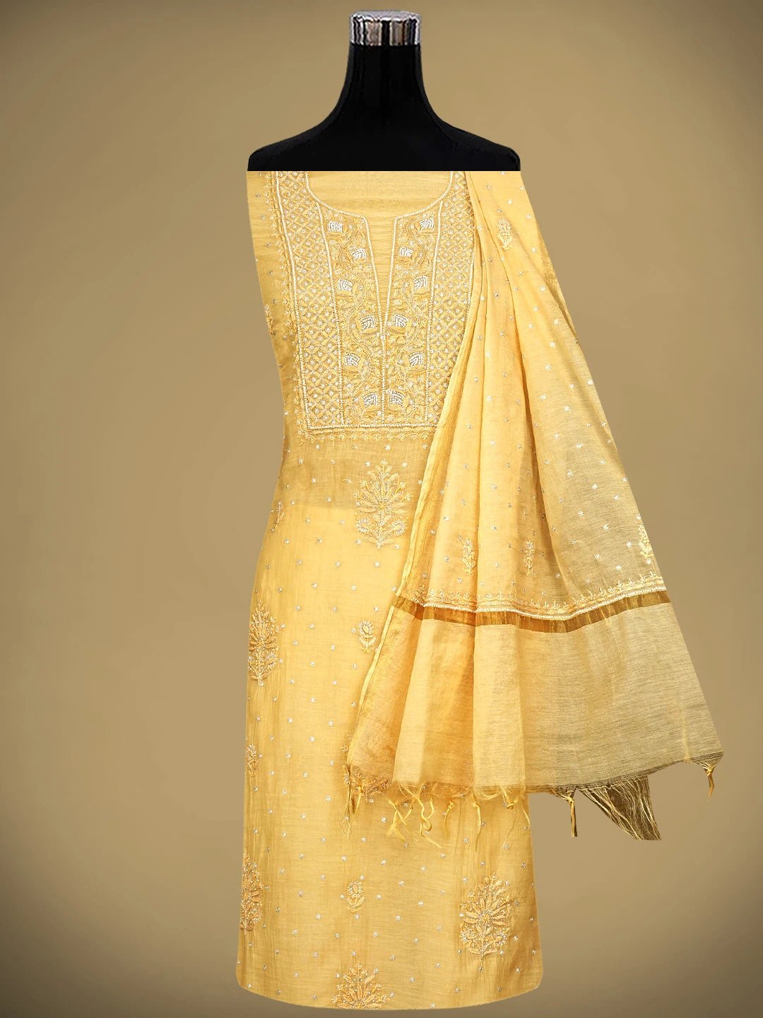 Ada Hand Embroidered Sunlit Clay  Brown Chanderi Lucknowi Chikankari Unstitched Kurta Dupatta Set With Zari Work 01A762758