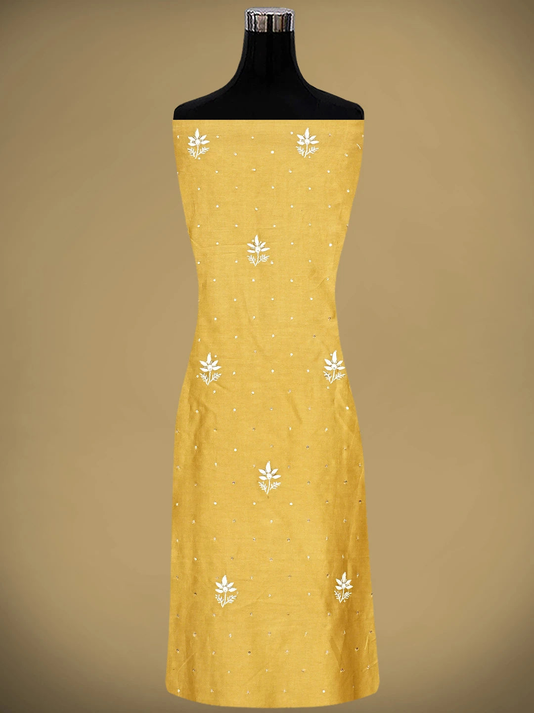 Ada Hand Embroidered Mustard Yellow Chanderi Lucknowi Chikankari Unstitched Suit Piece With Cutdana  Work 01A805671