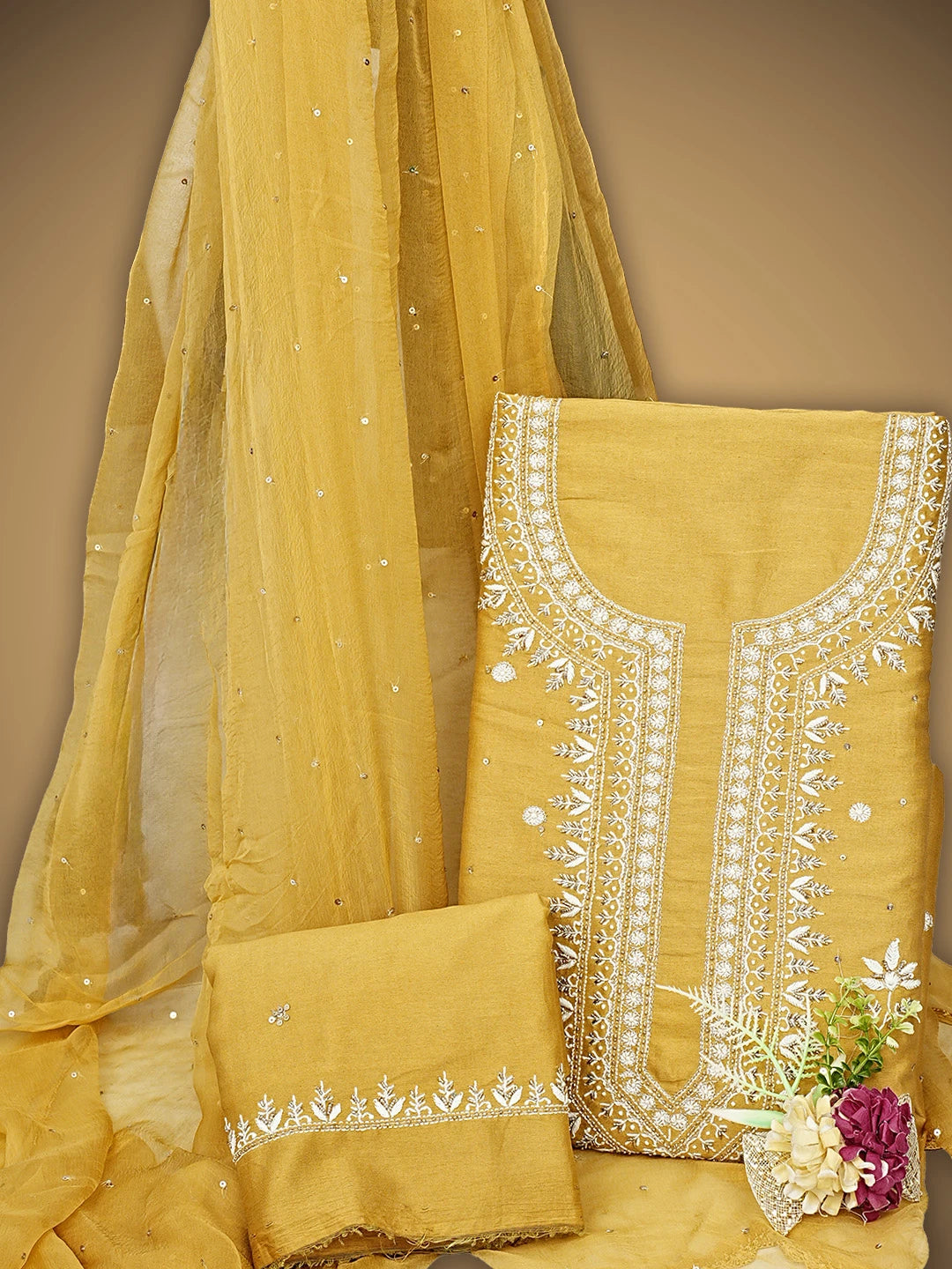 Ada Hand Embroidered Mustard Yellow Chanderi Lucknowi Chikankari Unstitched Suit Piece With Cutdana  Work 01A805671