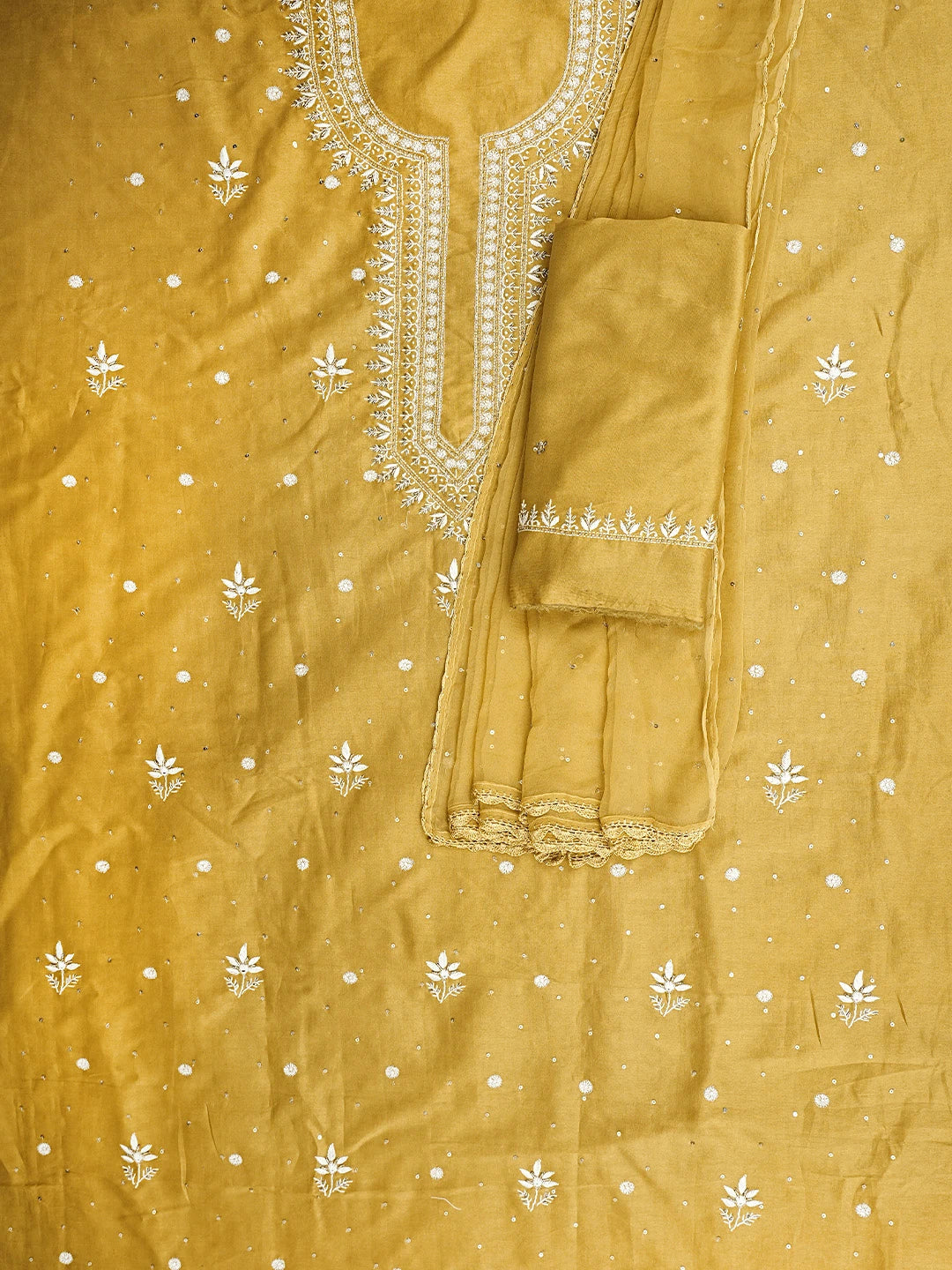 Ada Hand Embroidered Mustard Yellow Chanderi Lucknowi Chikankari Unstitched Suit Piece With Cutdana  Work 01A805671