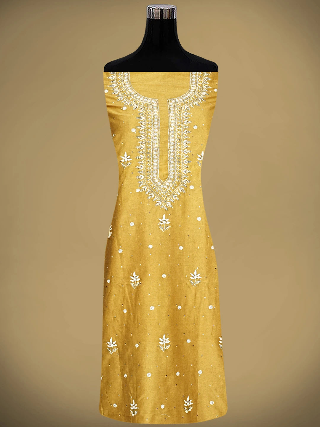 Ada Hand Embroidered Mustard Yellow Chanderi Lucknowi Chikankari Unstitched Suit Piece With Cutdana  Work 01A805671