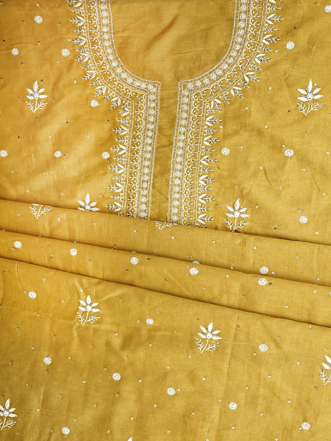 Ada Hand Embroidered Mustard Yellow Chanderi Lucknowi Chikankari Unstitched Suit Piece With Cutdana  Work 01A805671