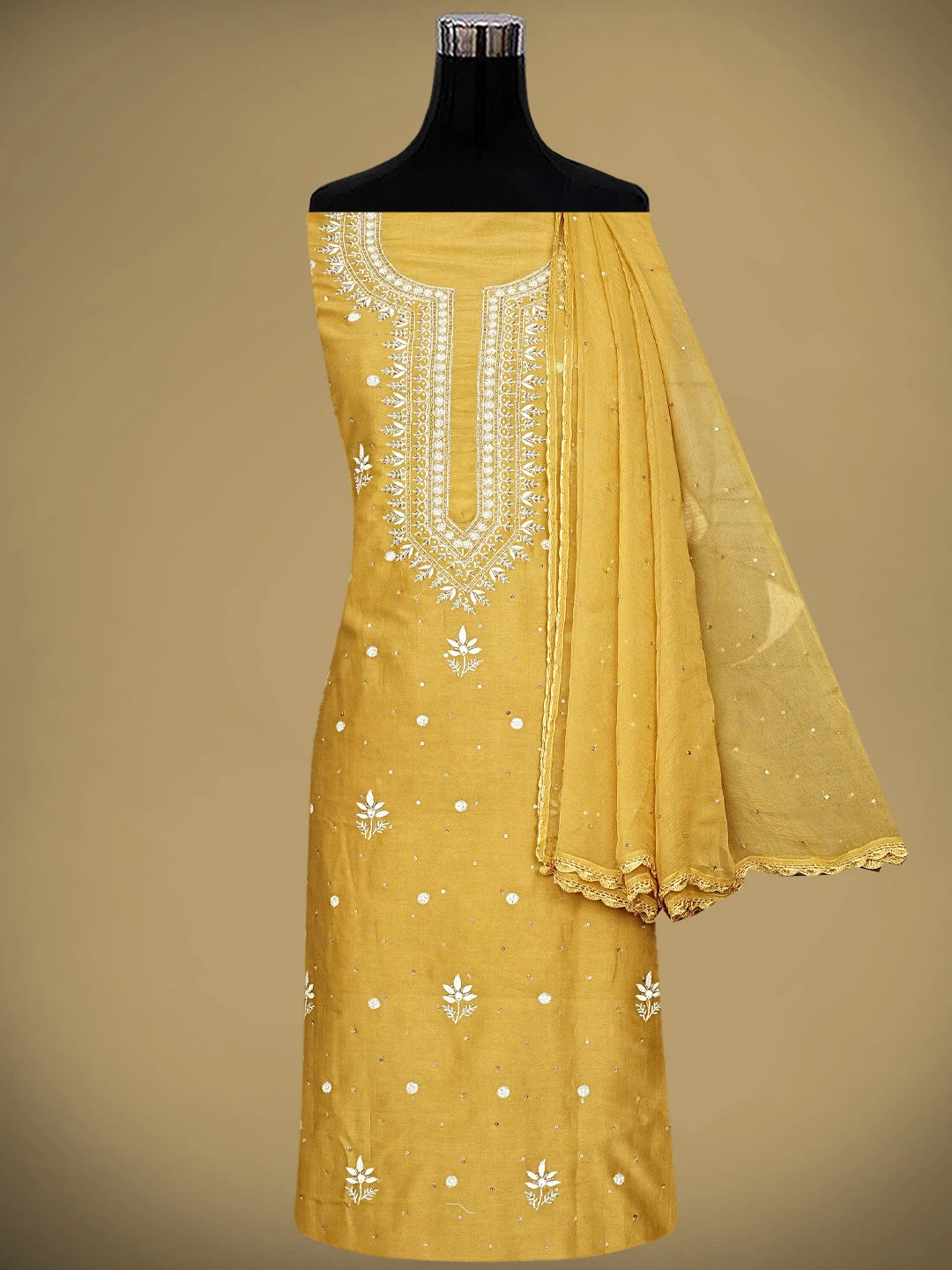 Ada Hand Embroidered Mustard Yellow Chanderi Lucknowi Chikankari Unstitched Suit Piece With Cutdana  Work 01A805671