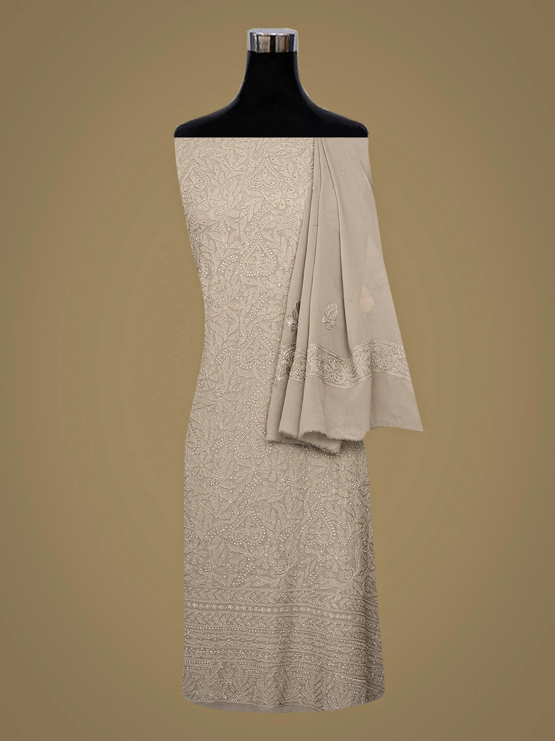 Ada Hand Embroidered Grey Viscose Georgette Lucknowi Chikankari Unstitched Kurta Dupatta Set With Muqaish/Mukaish Work 01A933345