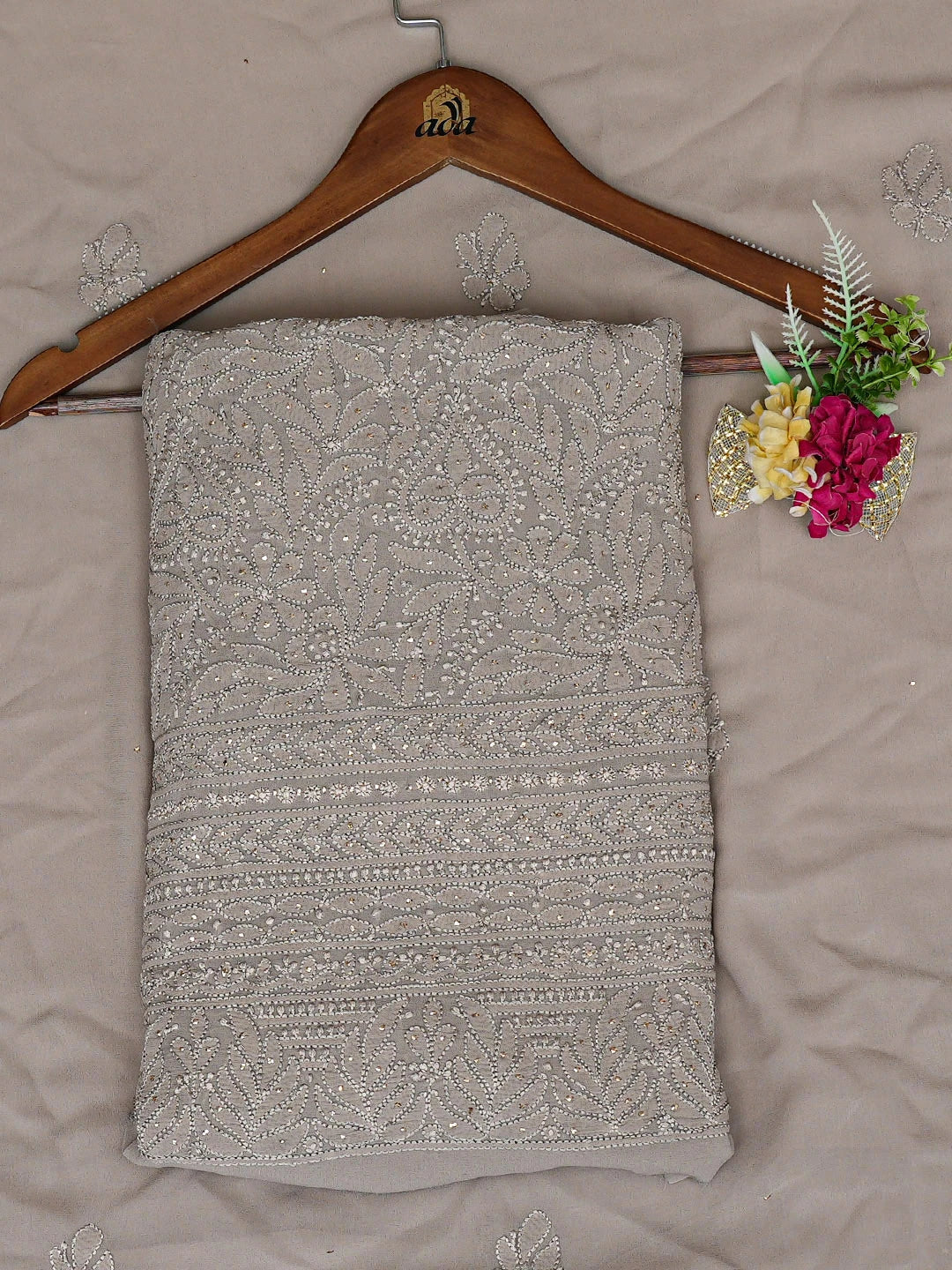 Ada Hand Embroidered Grey Viscose Georgette Lucknowi Chikankari Unstitched Kurta Dupatta Set With Muqaish/Mukaish Work 01A933345