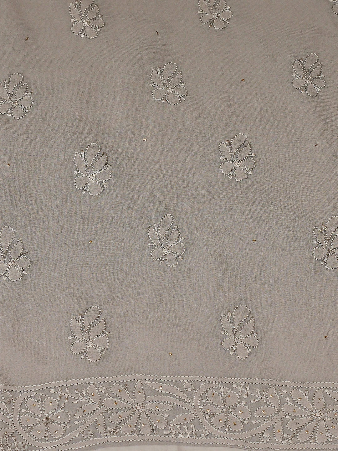 Ada Hand Embroidered Grey Viscose Georgette Lucknowi Chikankari Unstitched Kurta Dupatta Set With Muqaish/Mukaish Work 01A933345