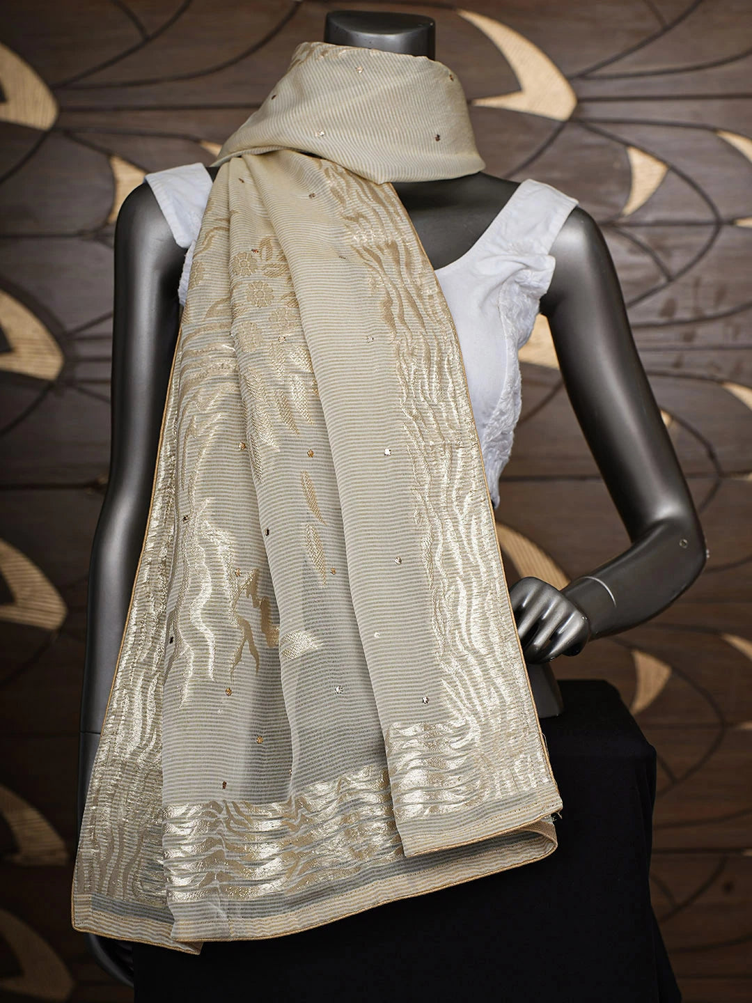 Ada Hand Embroidered Fawn Organza Lucknowi Chikankari Dupatta With Muqaish/Mukaish Work 01A706717