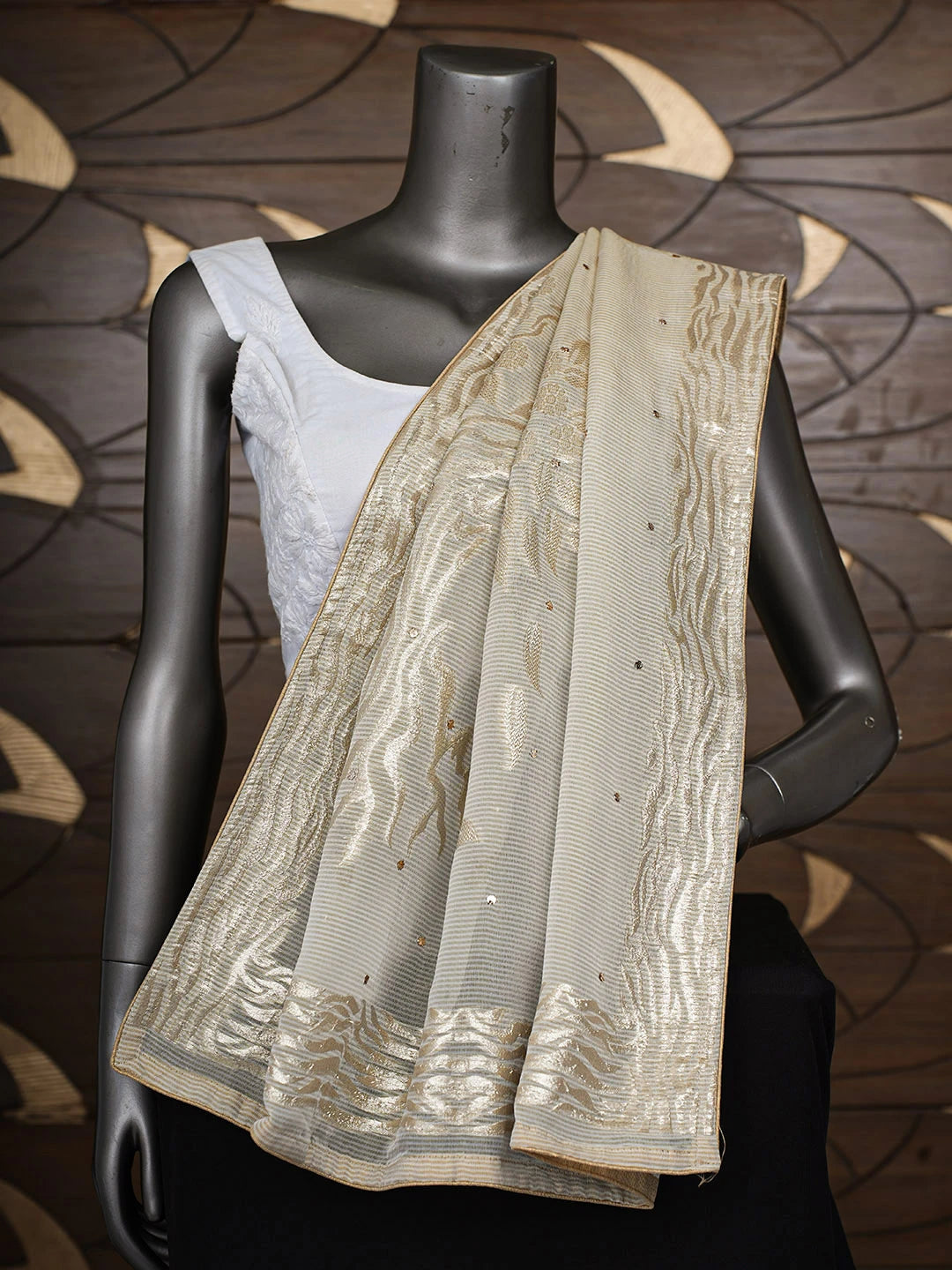 Ada Hand Embroidered Fawn Organza Lucknowi Chikankari Dupatta With Muqaish/Mukaish Work 01A706717