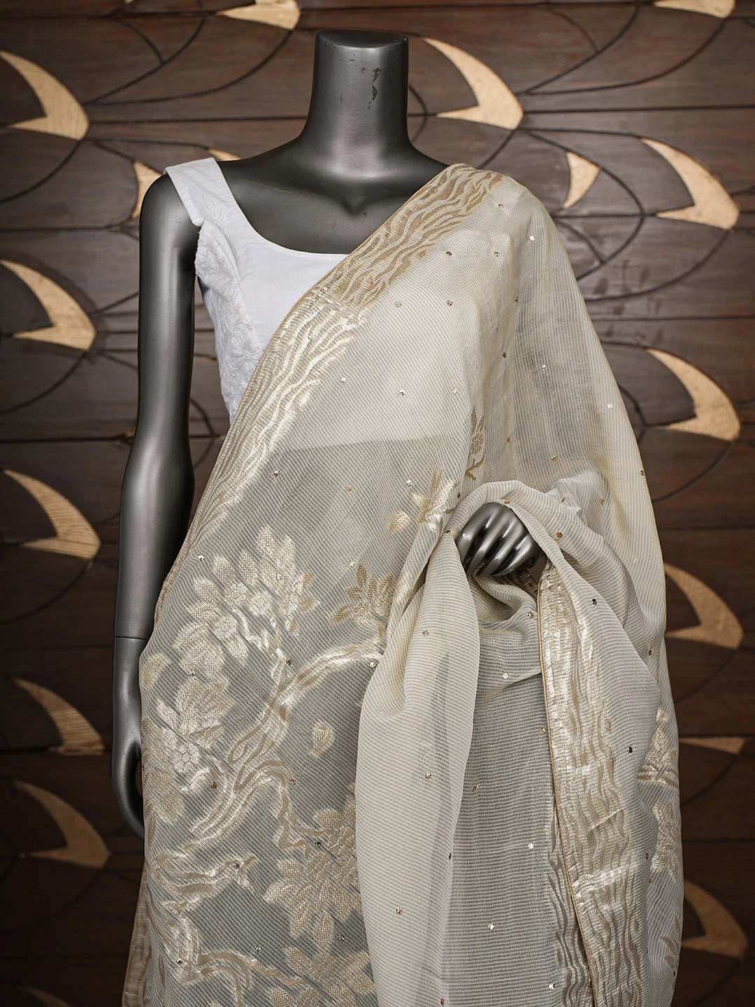 Ada Hand Embroidered Fawn Organza Lucknowi Chikankari Dupatta With Muqaish/Mukaish Work 01A706717