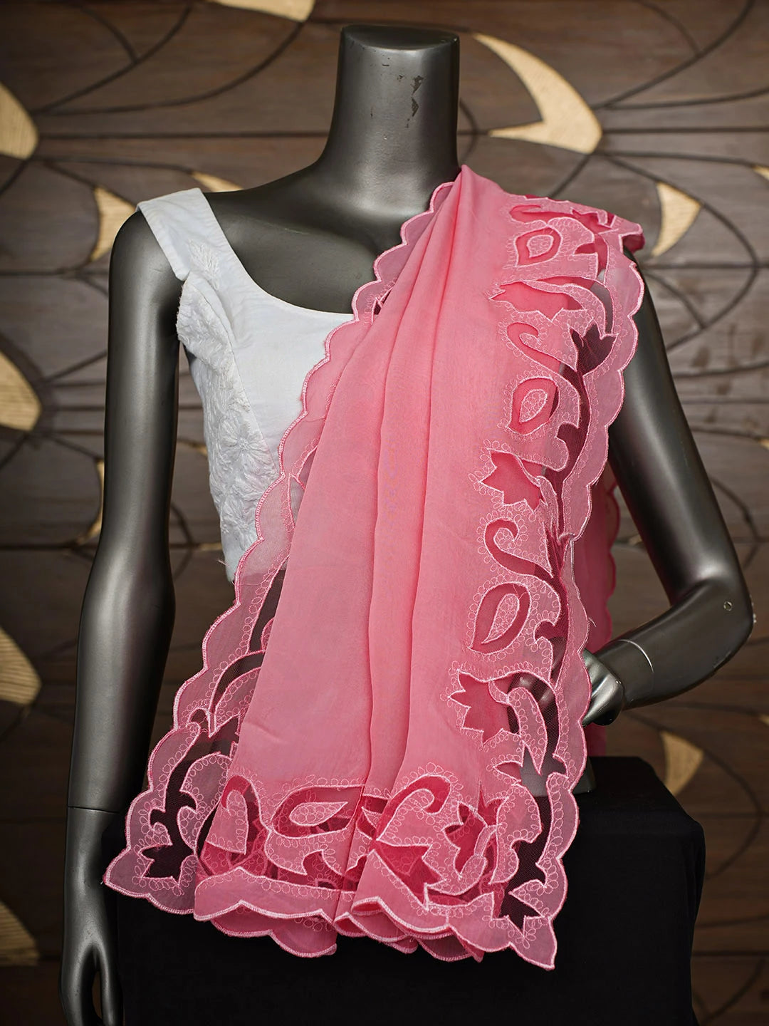 Ada Hand Embroidered Pink Organza Lucknowi Chikankari Dupatta 01A706919